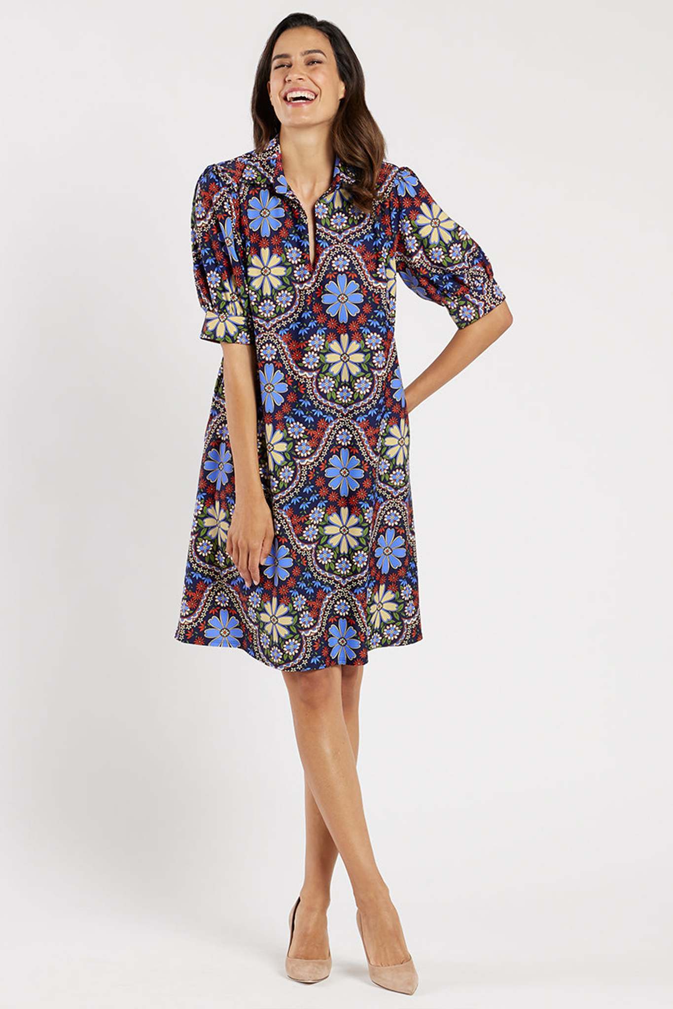 Print Puffed Sleeve Shift Dress