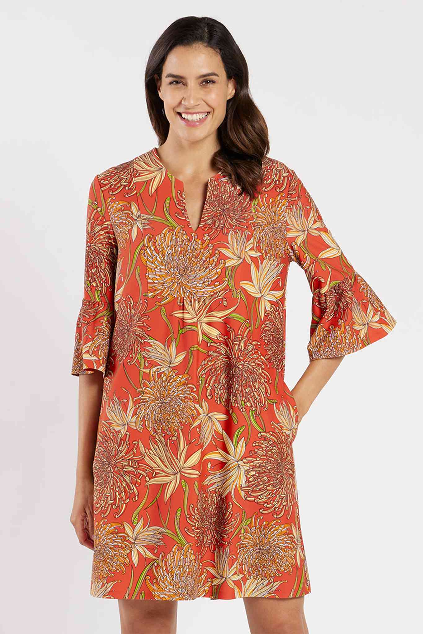 Floral Print Mandarin Collar Split V Neck Shift Dress