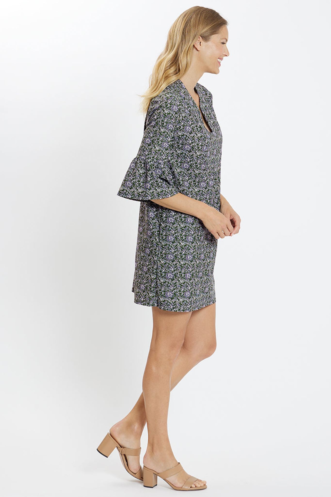 Floral Print Mandarin Collar Split V Neck Shift Dress