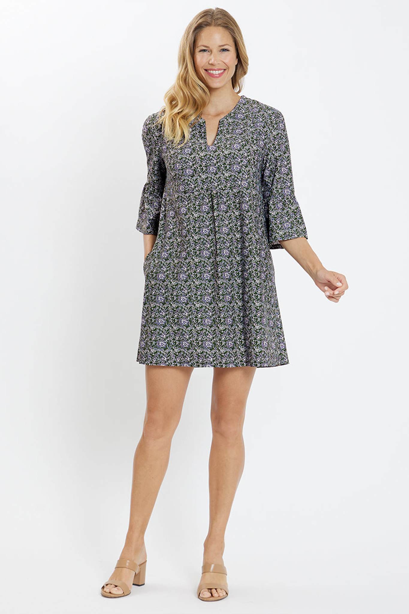 Floral Print Mandarin Collar Split V Neck Shift Dress