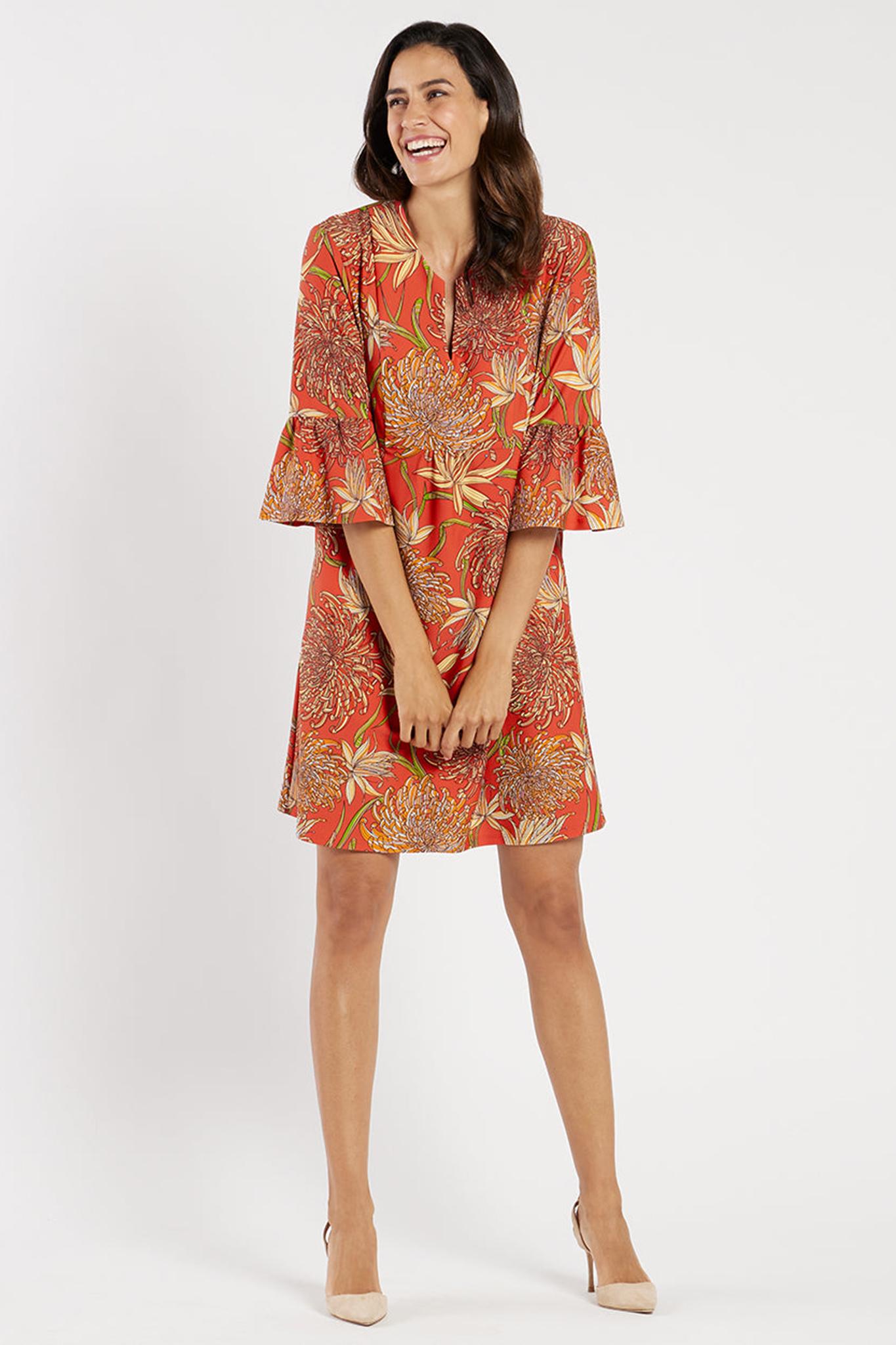 Floral Print Mandarin Collar Split V Neck Shift Dress