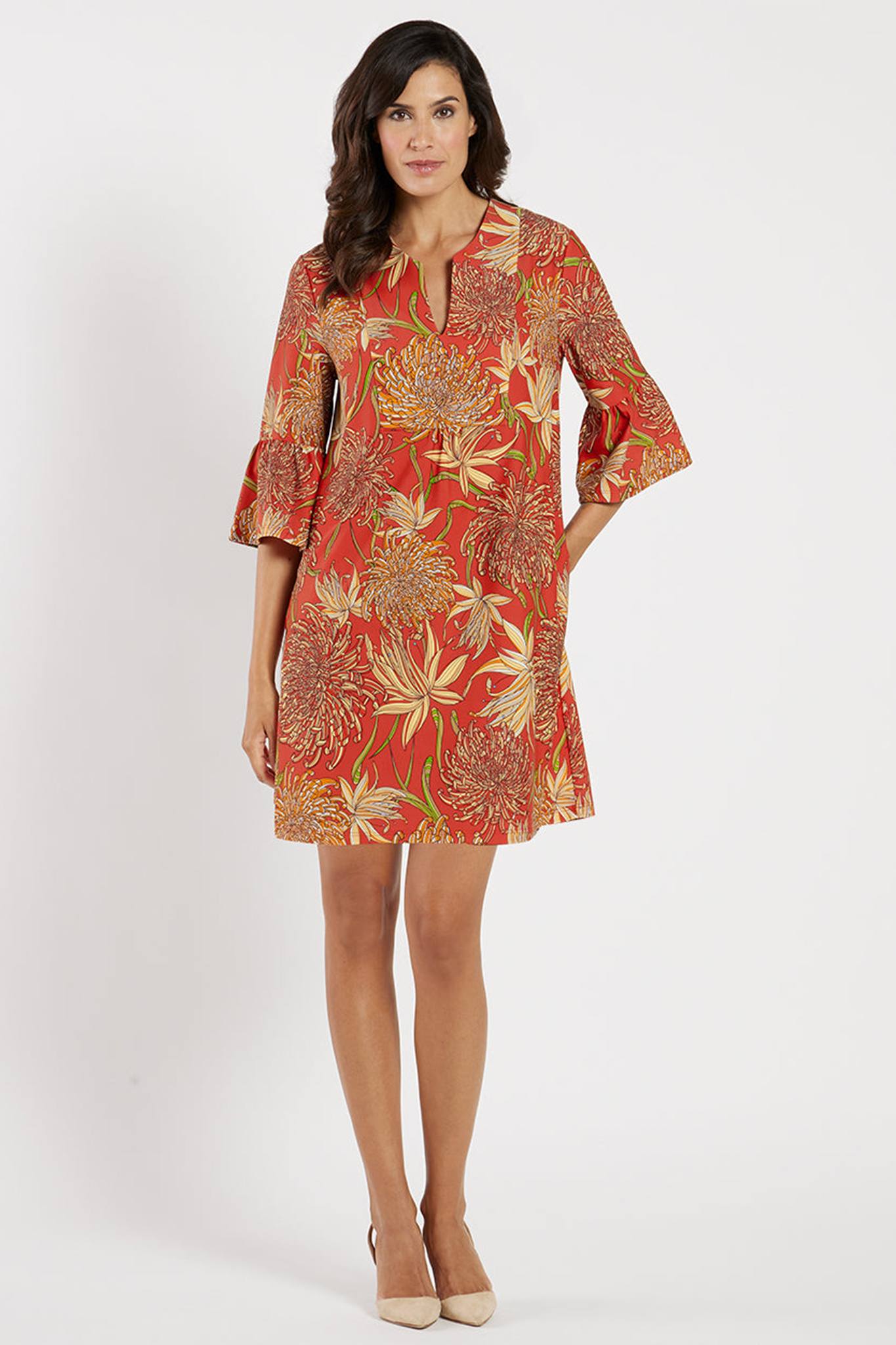 Floral Print Mandarin Collar Split V Neck Shift Dress