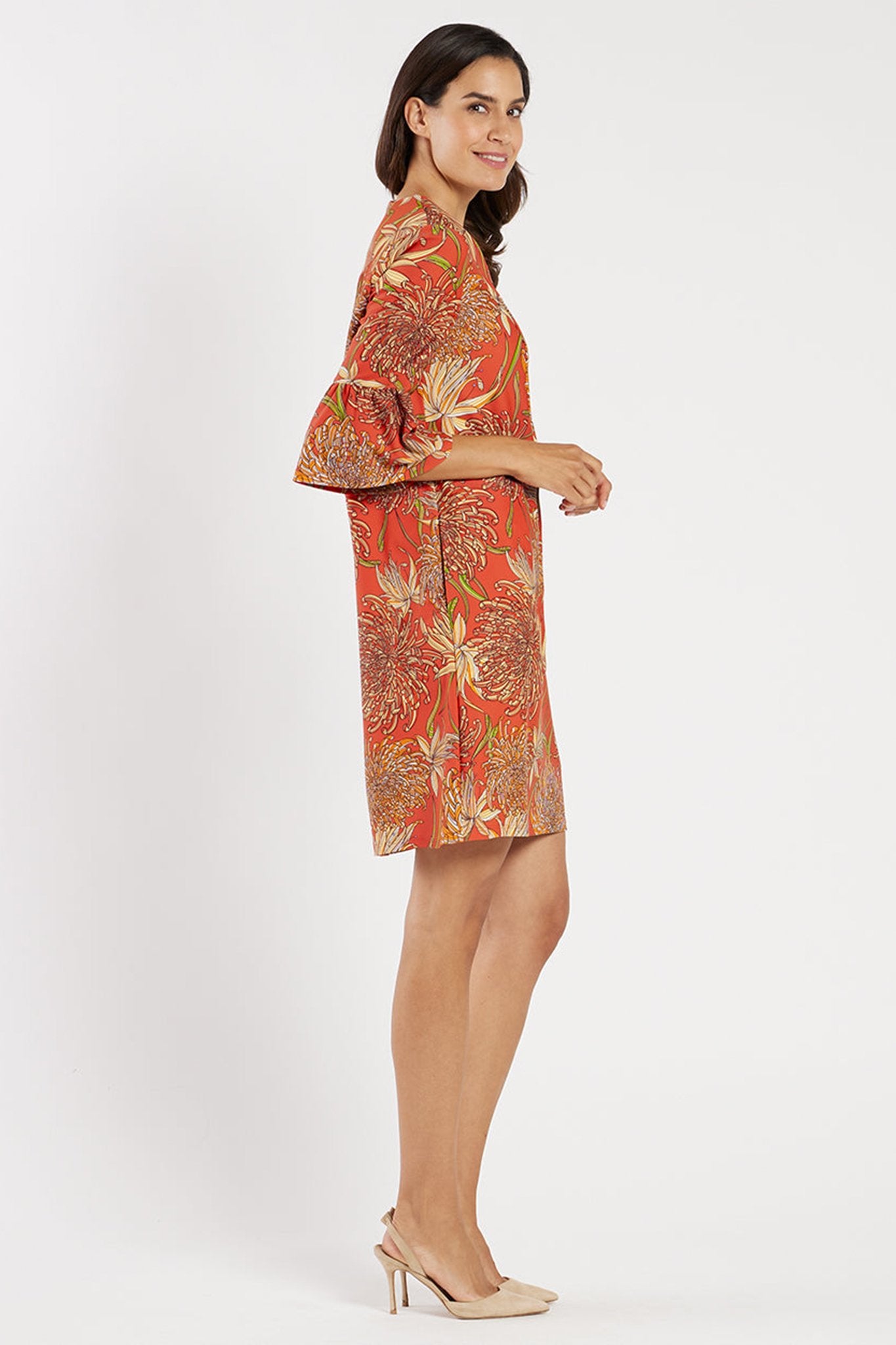 Floral Print Mandarin Collar Split V Neck Shift Dress