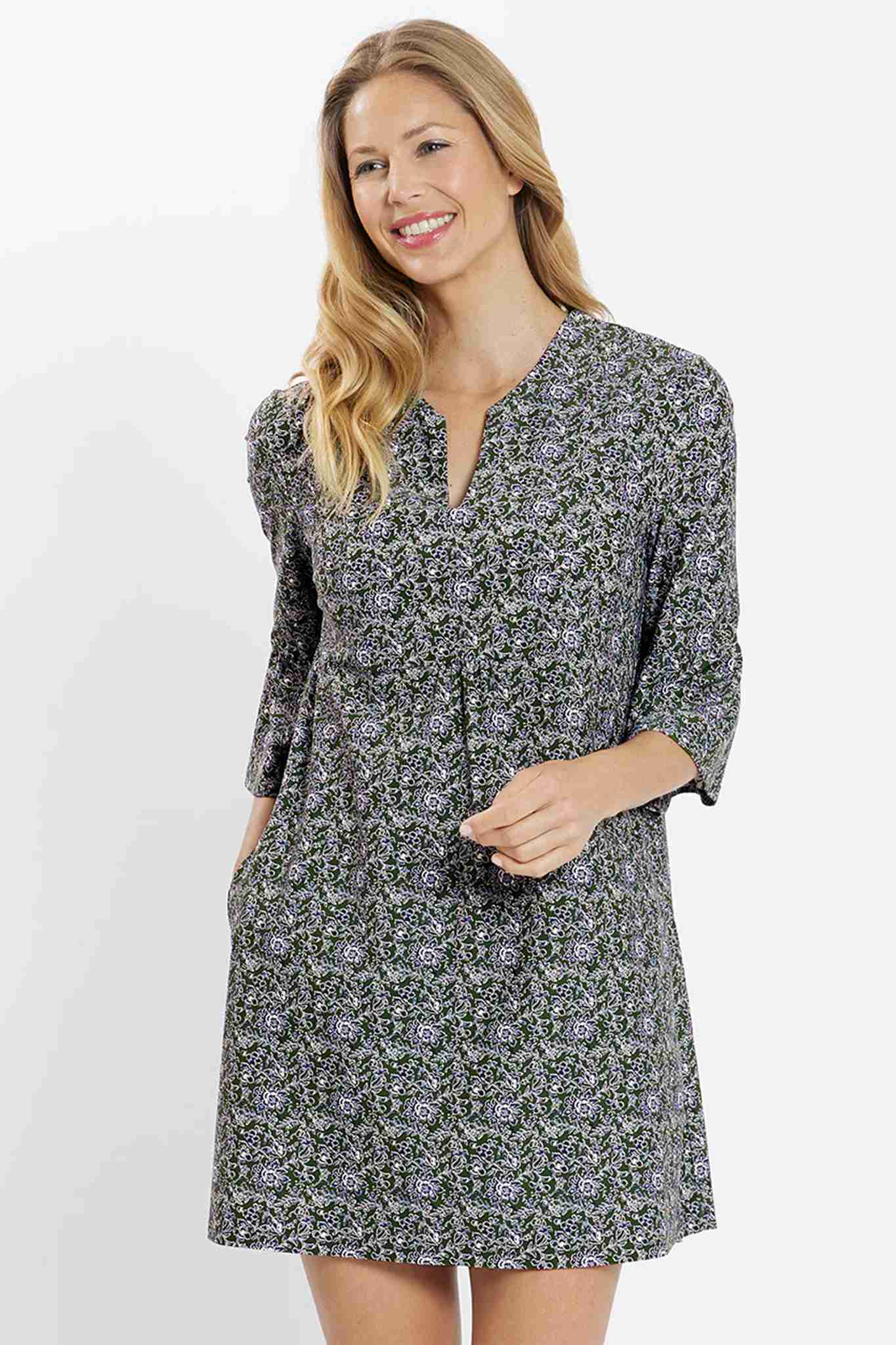 Floral Print Mandarin Collar Split V Neck Shift Dress