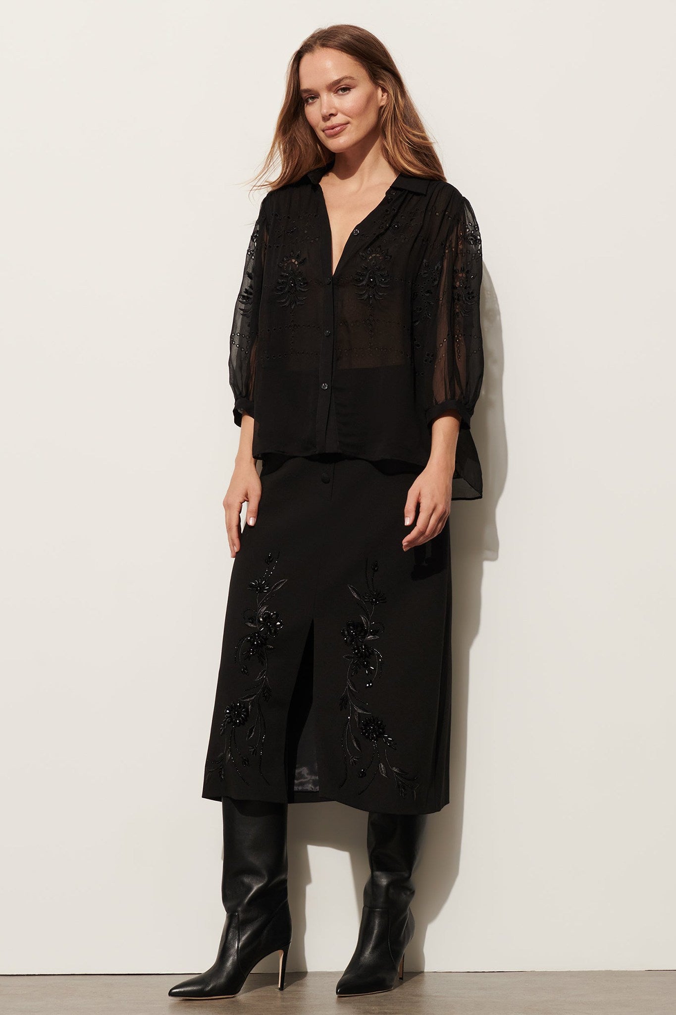 Cutout Embroidered Silk Crinkled Chiffon Top