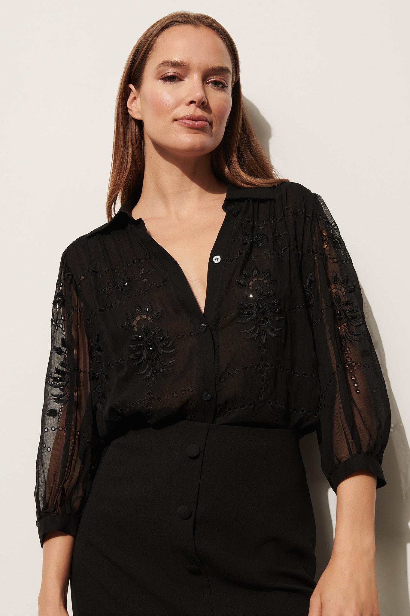 Cutout Embroidered Silk Crinkled Chiffon Top