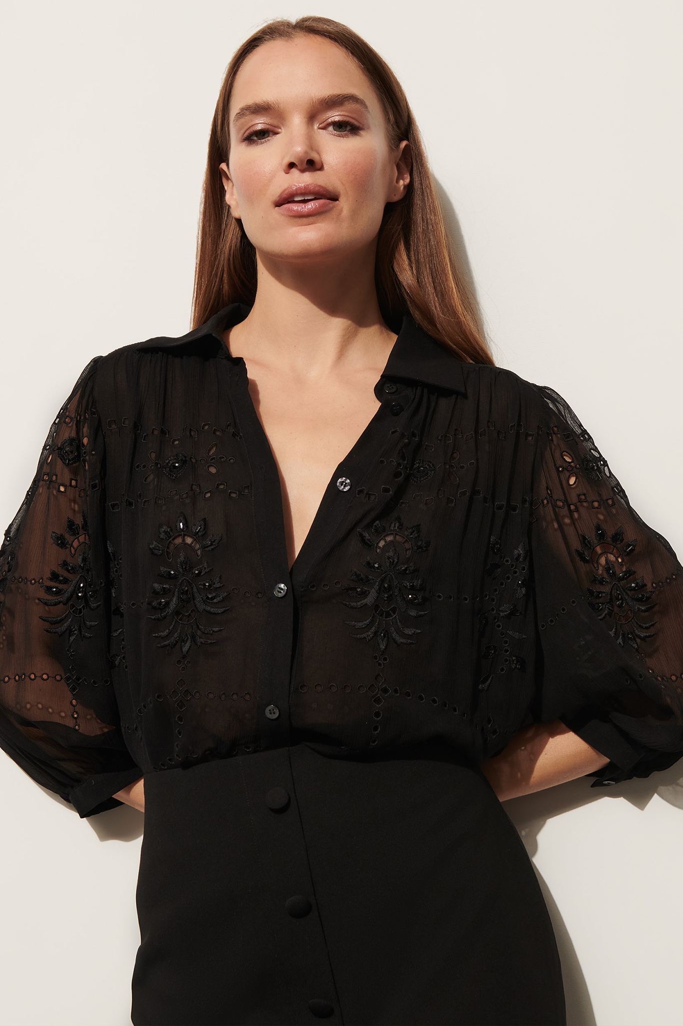 Cutout Embroidered Silk Crinkled Chiffon Top