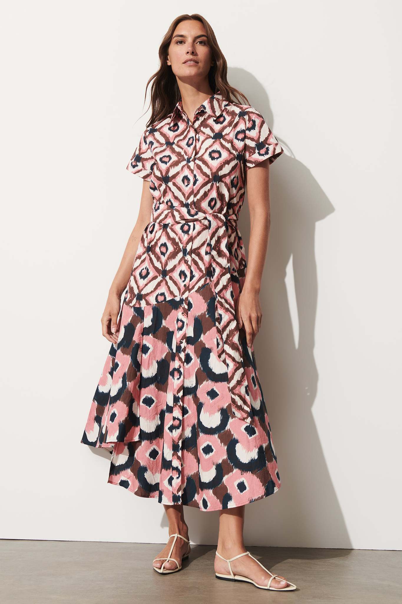 Front Button Closure Patchwork Print Midi Dress