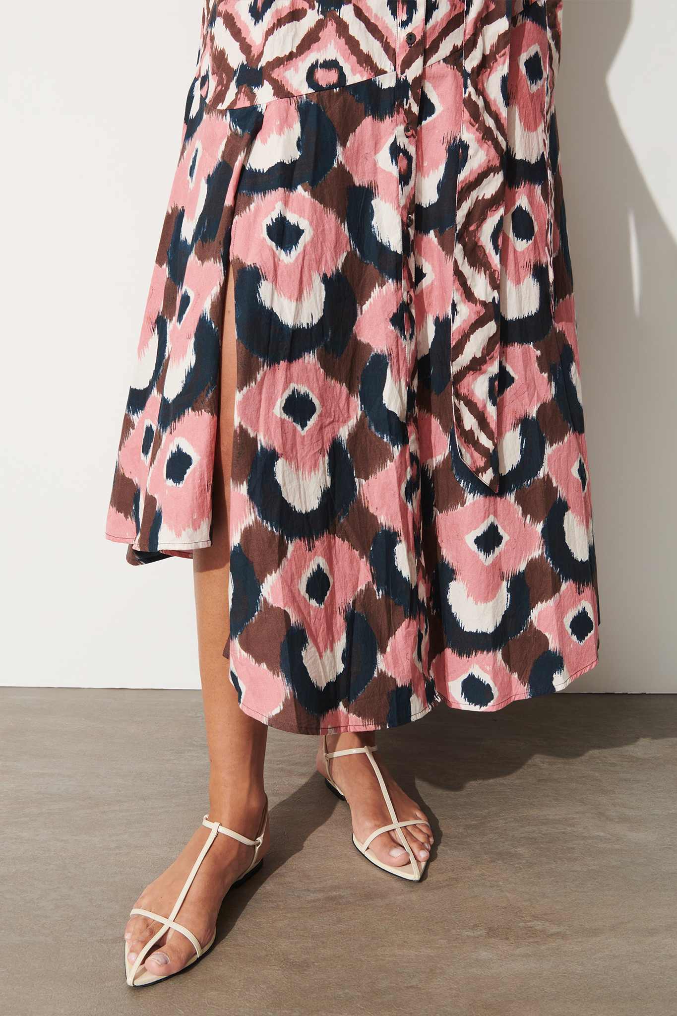 Front Button Closure Patchwork Print Midi Dress