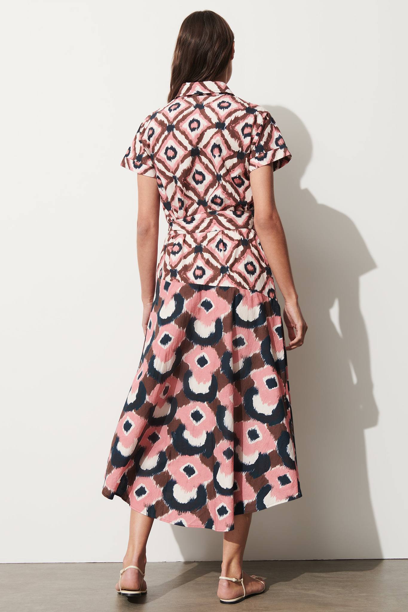 Front Button Closure Patchwork Print Midi Dress