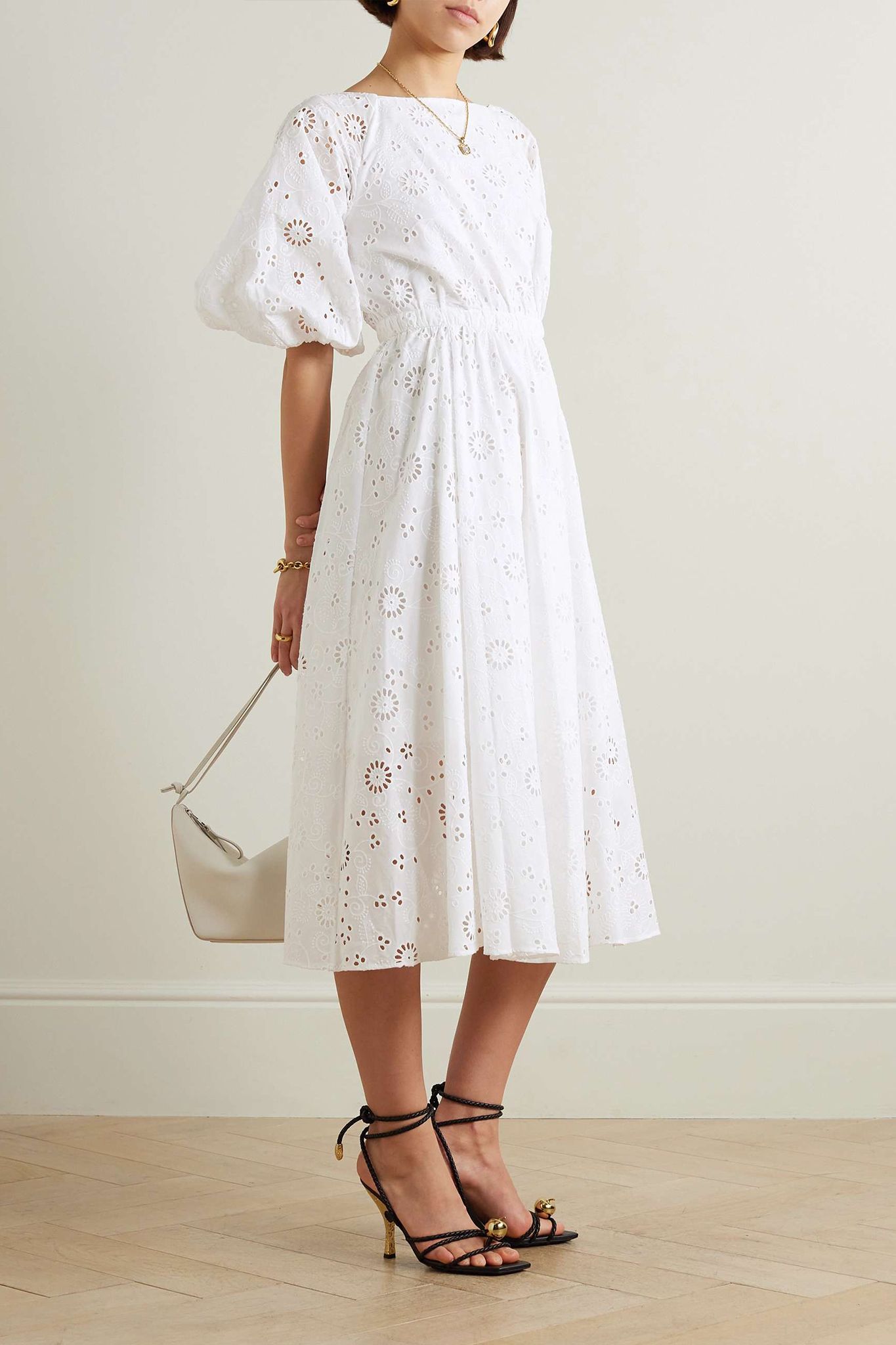 Pleated Broderie Anglaise Cotton Midi Dress