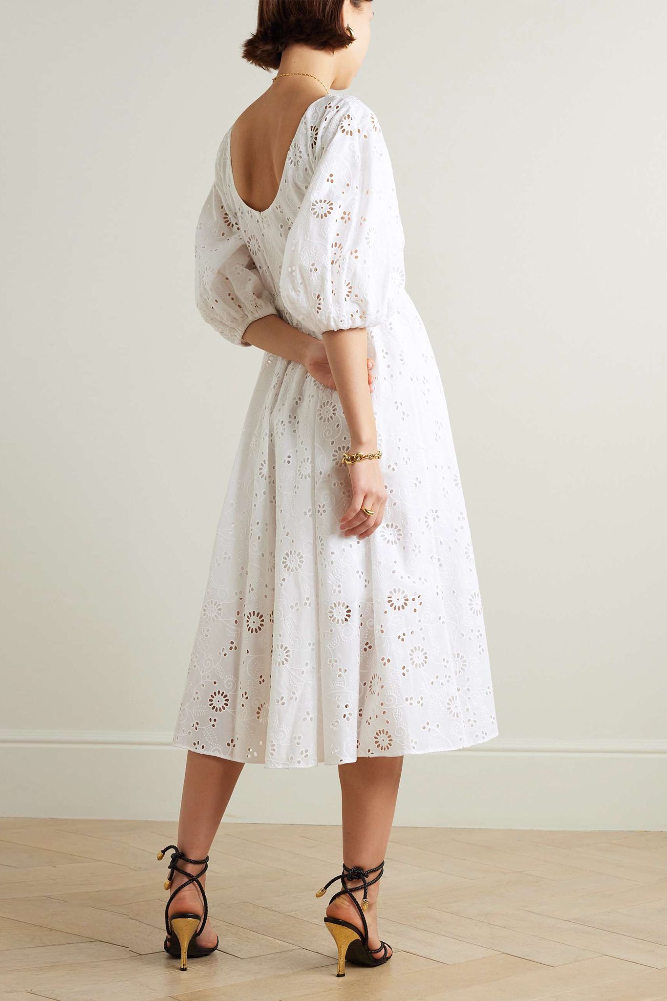 Pleated Broderie Anglaise Cotton Midi Dress