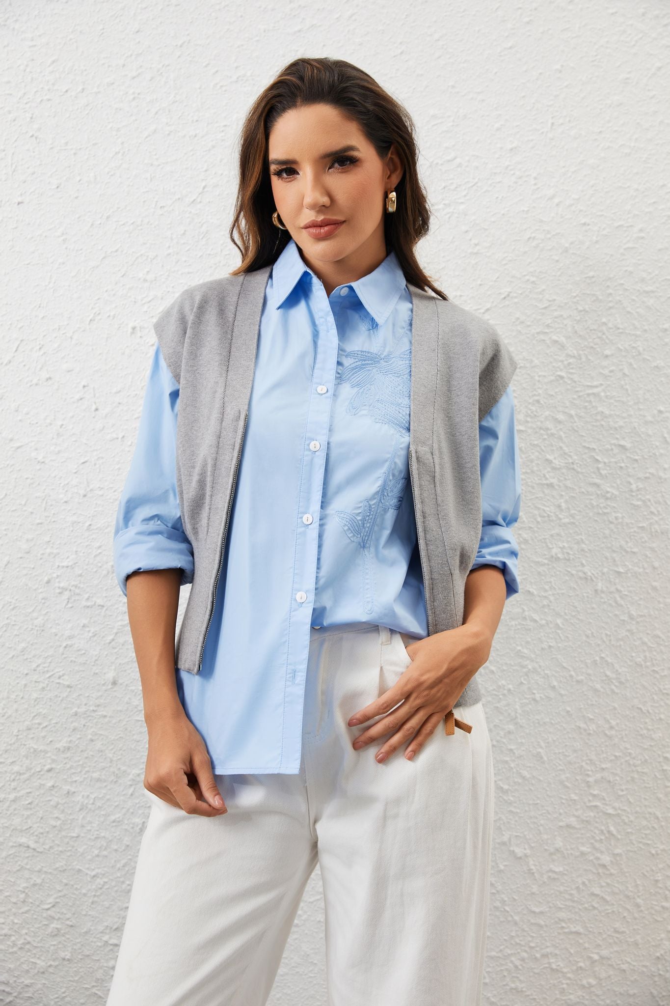 Ezabutus Embroidered Light Blue Button Down Shirt
