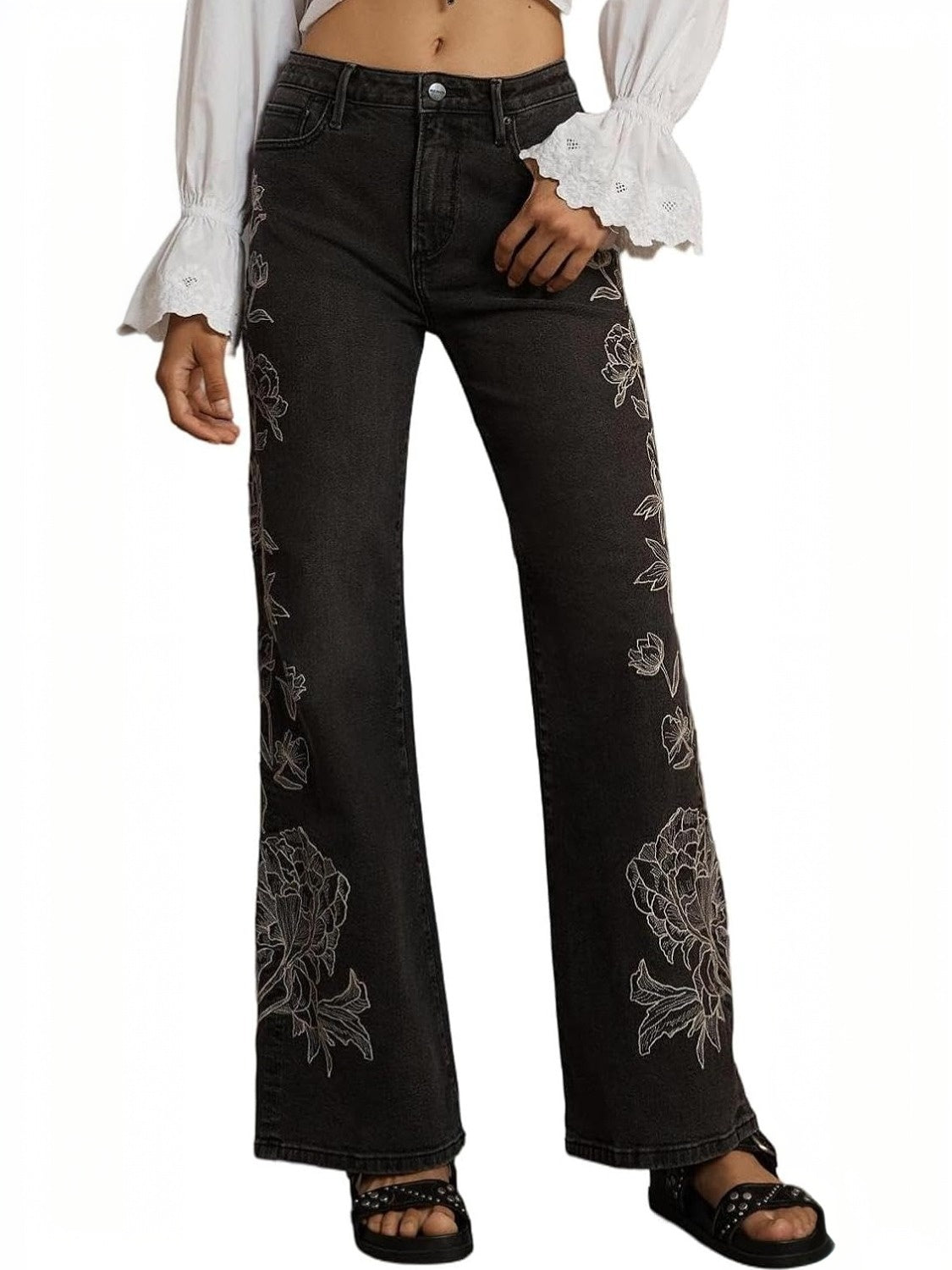 Lifeshe Mid Waist Embroidered Stretch Flared Jeans