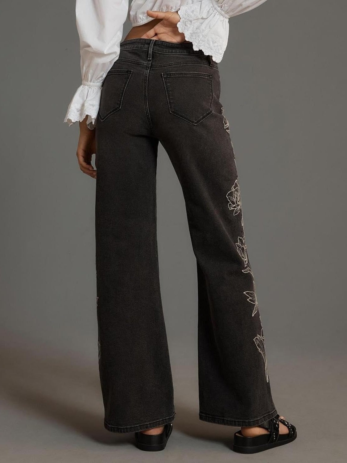 Lifeshe Mid Waist Embroidered Stretch Flared Jeans