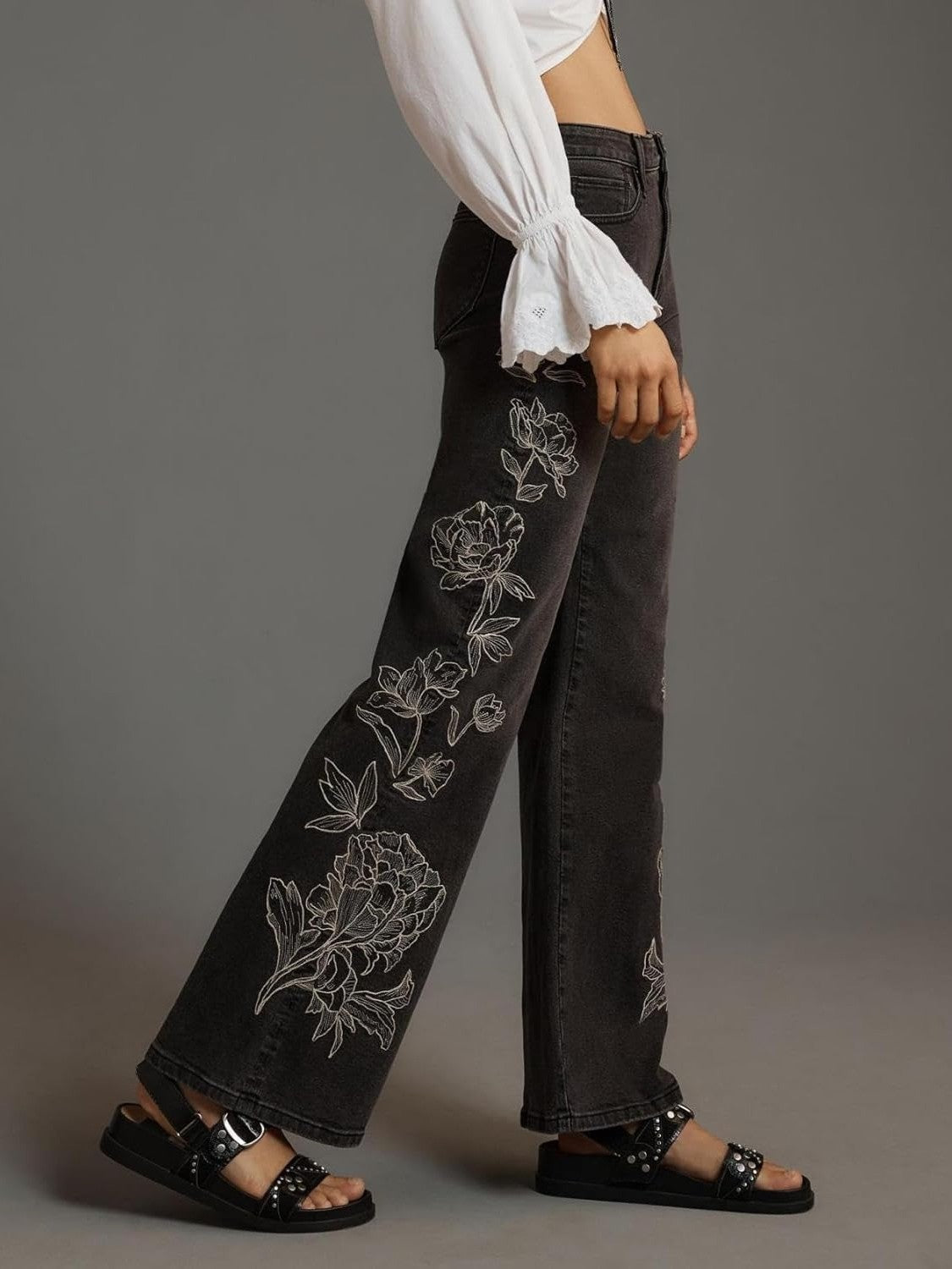 Lifeshe Mid Waist Embroidered Stretch Flared Jeans