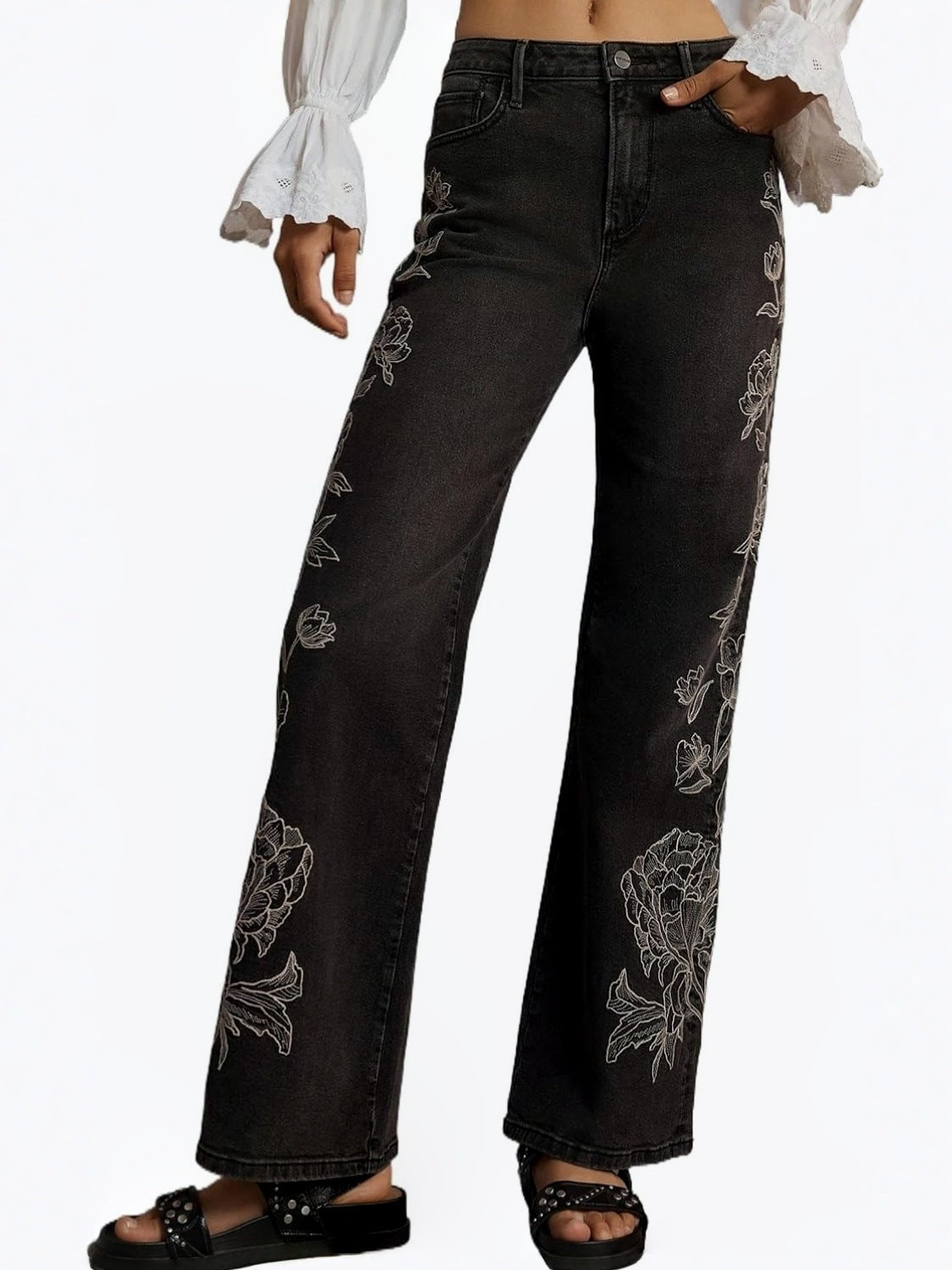 Lifeshe Mid Waist Embroidered Stretch Flared Jeans