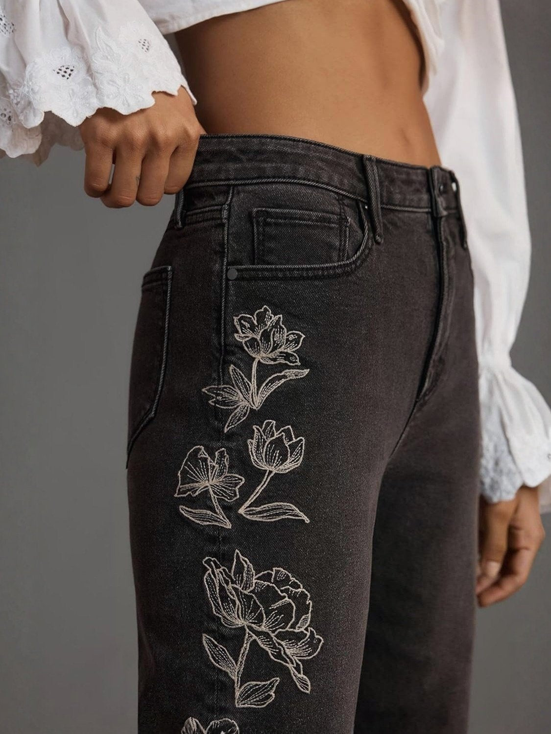 Lifeshe Mid Waist Embroidered Stretch Flared Jeans