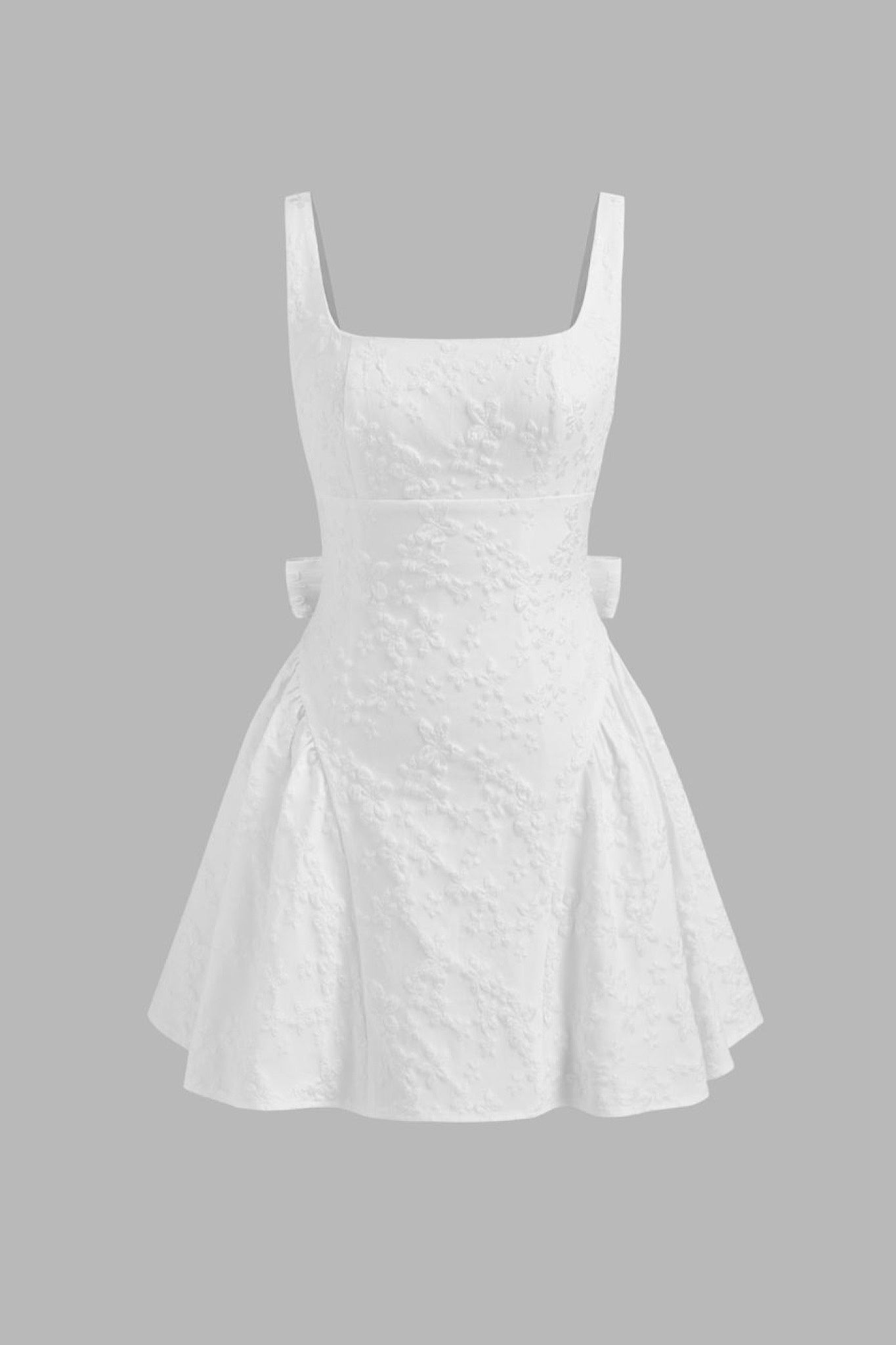 Ezabutus U Neckline White Floral Embossed Backless Bow Mini Dress