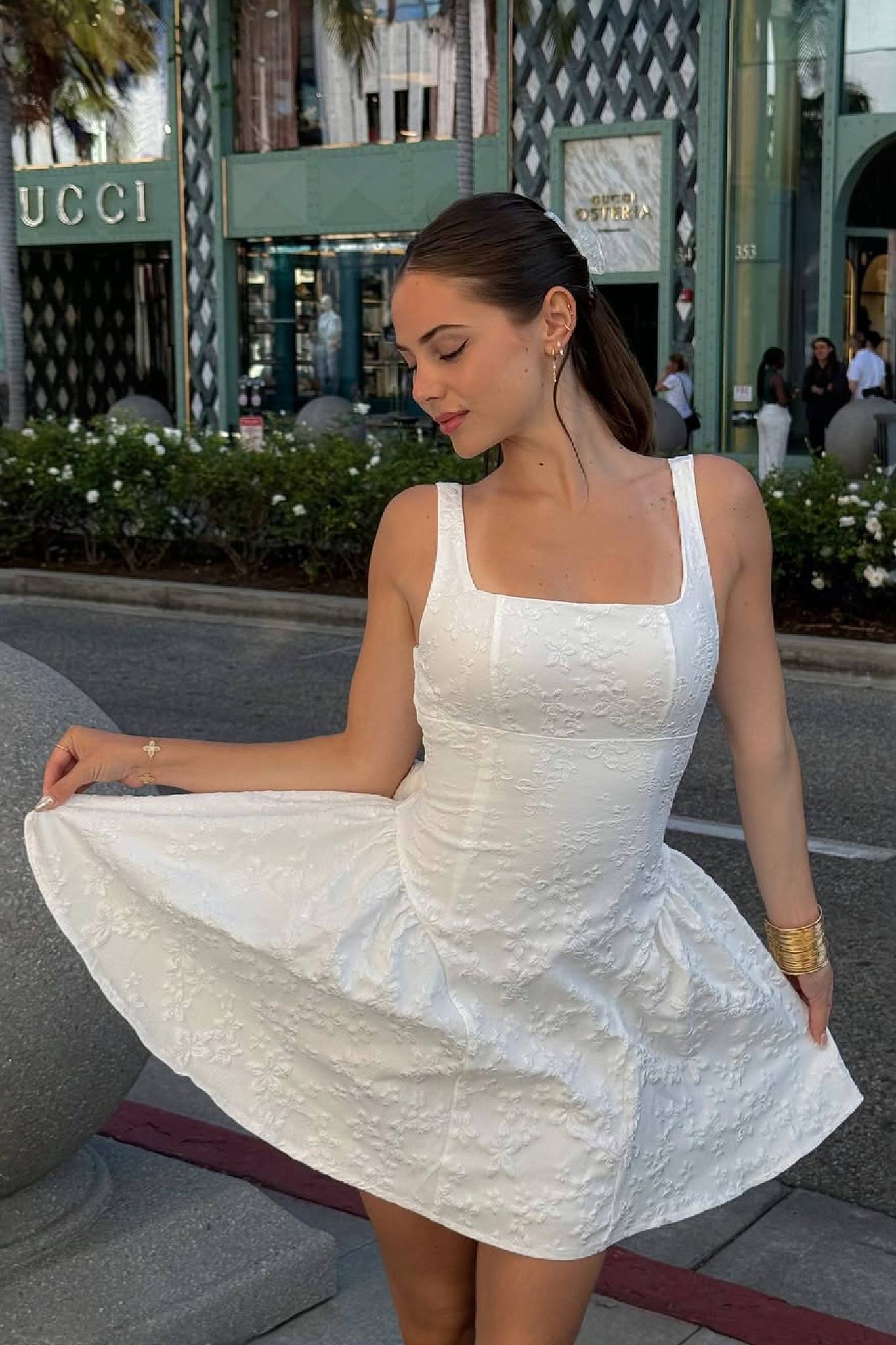 Ezabutus U Neckline White Floral Embossed Backless Bow Mini Dress
