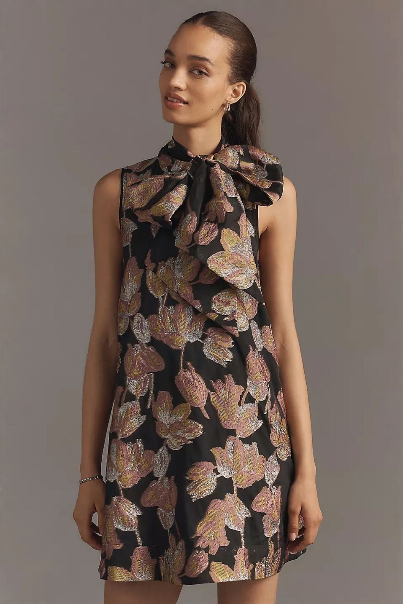 Ezabutus Floral Jacquard Mini Dress With Oversized Bow Neckline