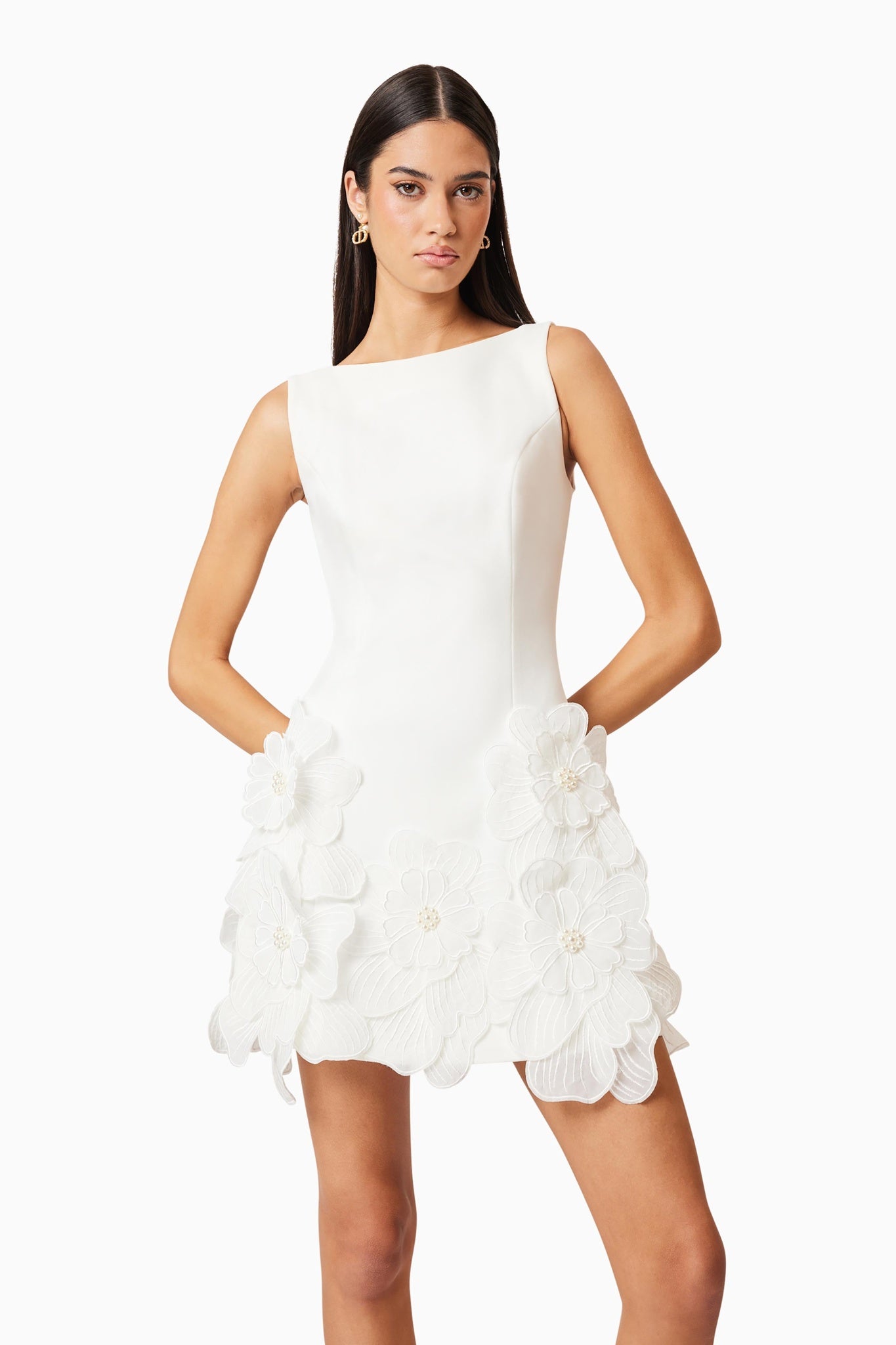 Ezabutus 3D Floral Wide Neck A Line Mini Dress – Pink & White