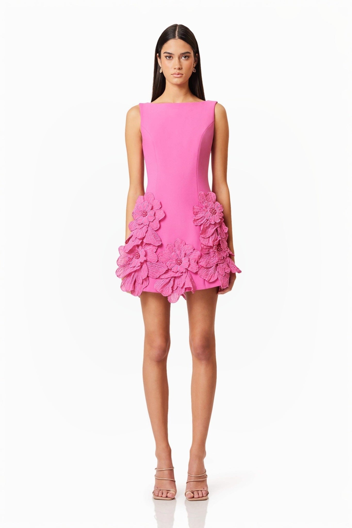 Ezabutus 3D Floral Wide Neck A Line Mini Dress – Pink & White