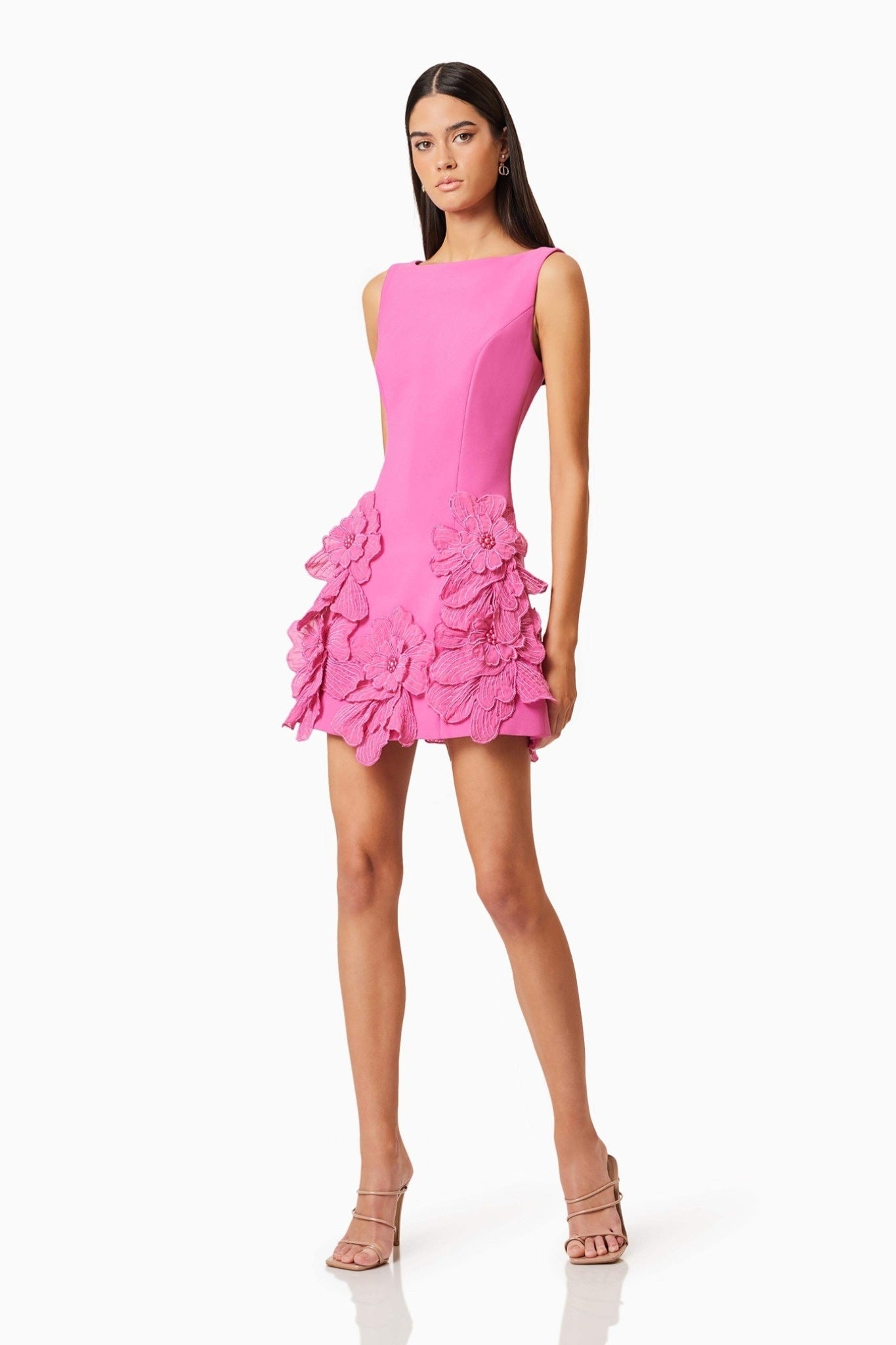 Ezabutus 3D Floral Wide Neck A Line Mini Dress – Pink & White