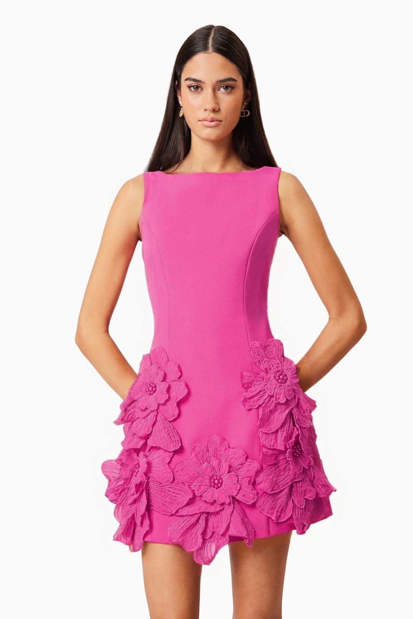 Ezabutus 3D Floral Wide Neck A Line Mini Dress – Pink & White