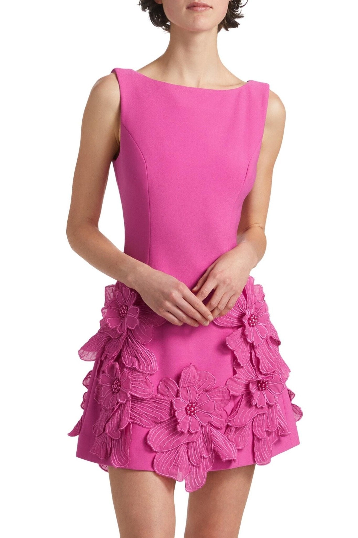 Ezabutus 3D Floral Wide Neck A Line Mini Dress – Pink & White