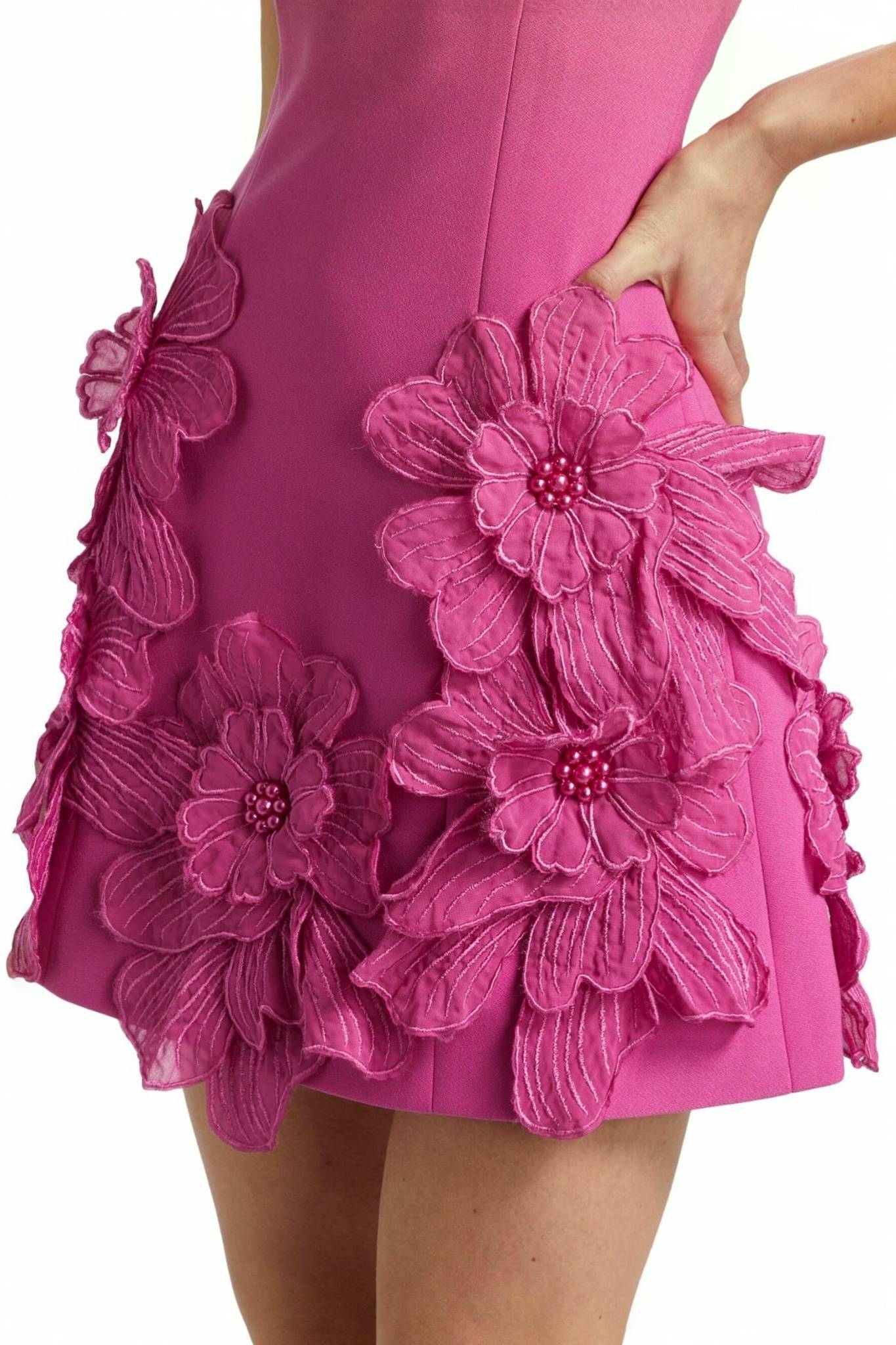 Ezabutus 3D Floral Wide Neck A Line Mini Dress – Pink & White