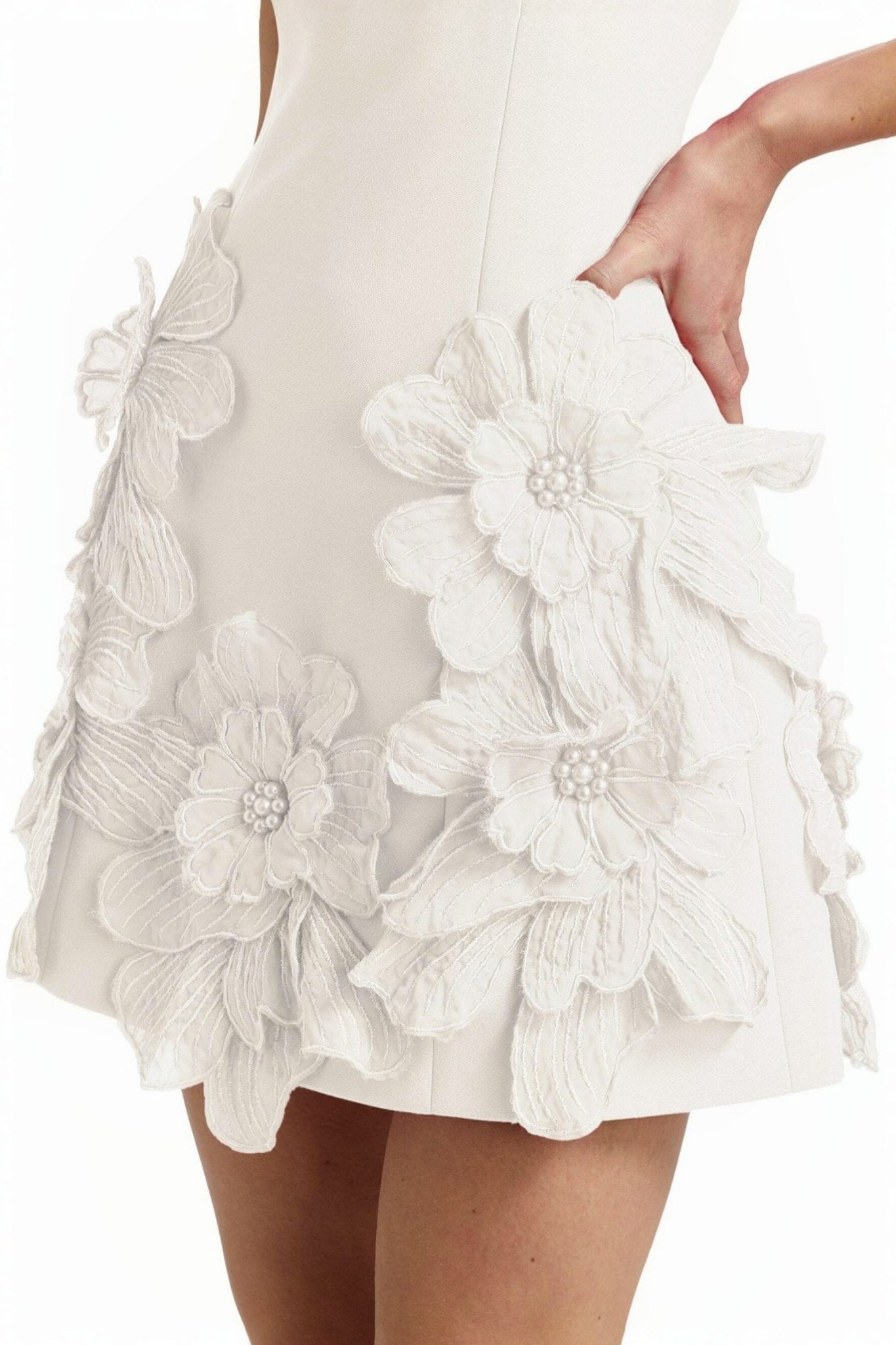 Ezabutus 3D Floral Wide Neck A Line Mini Dress – Pink & White