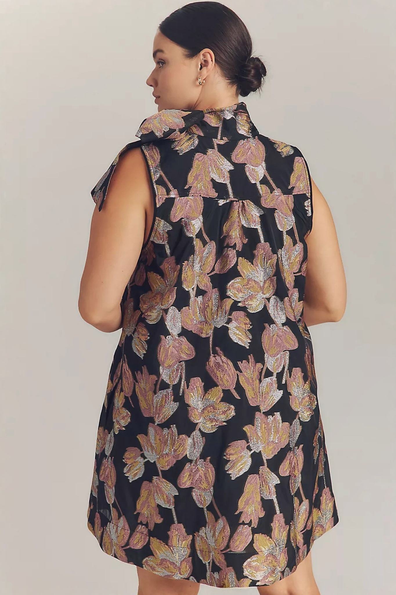 Ezabutus Floral Jacquard Mini Dress With Oversized Bow Neckline