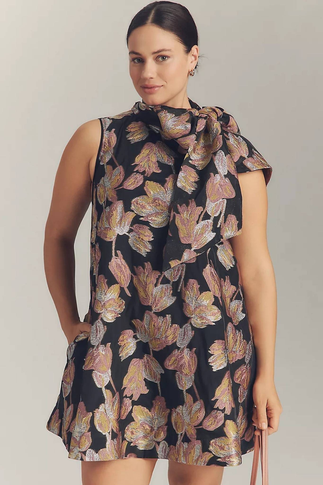 Ezabutus Floral Jacquard Mini Dress With Oversized Bow Neckline