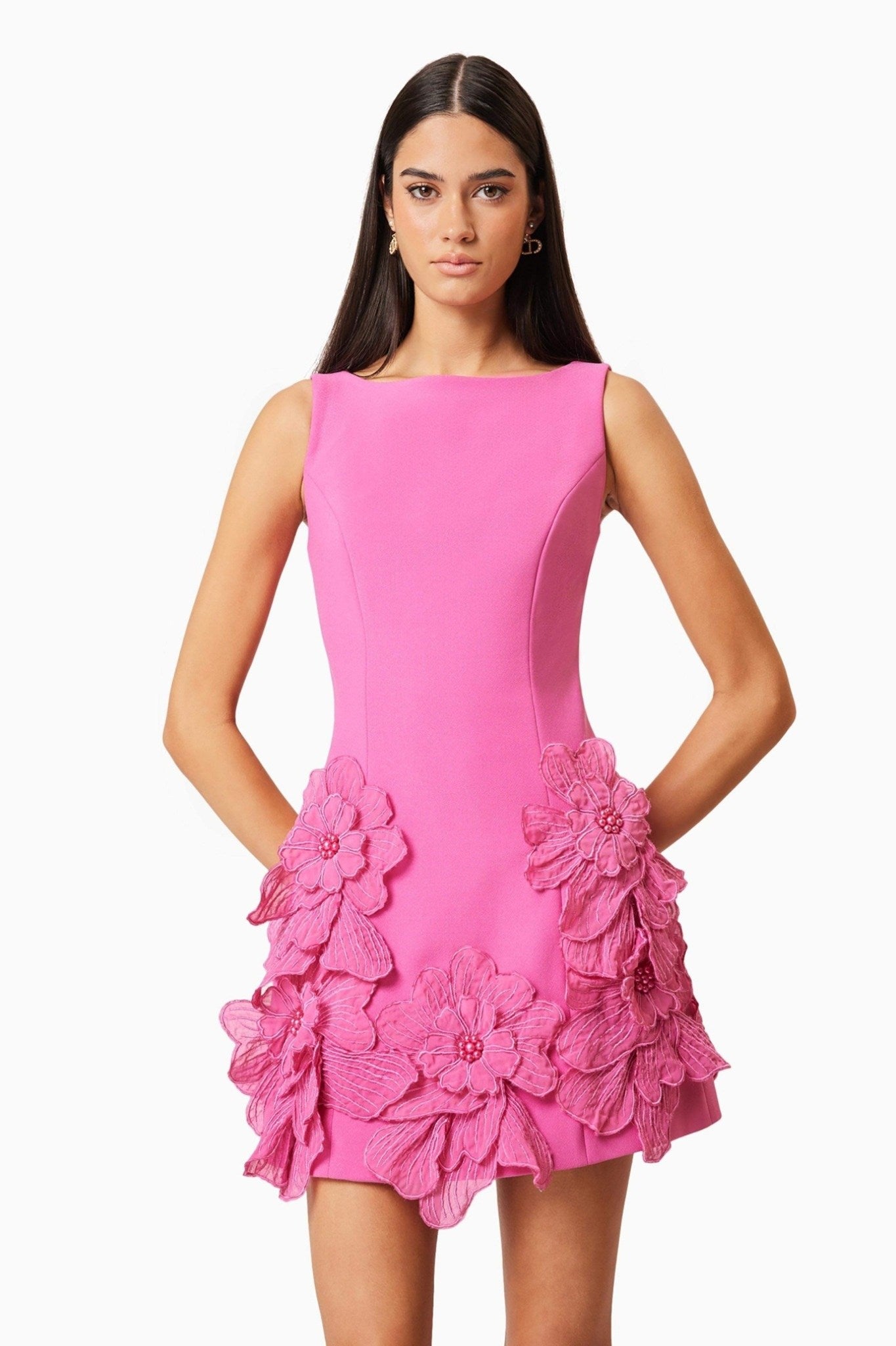 Ezabutus 3D Floral Wide Neck A Line Mini Dress – Pink & White