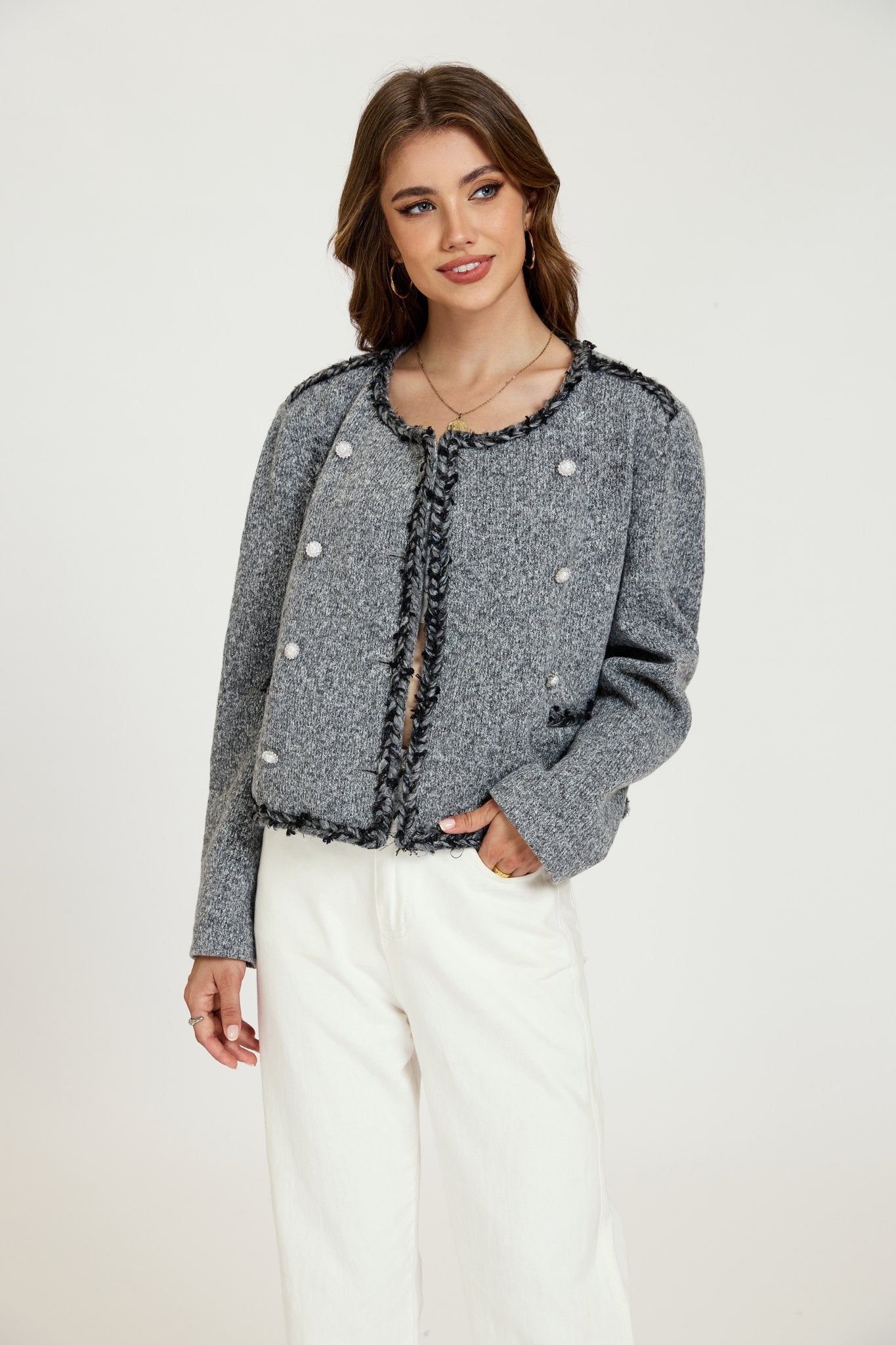 Ezabutus Grey Tweed Jacket With Fringe Trim and Pearl Buttons