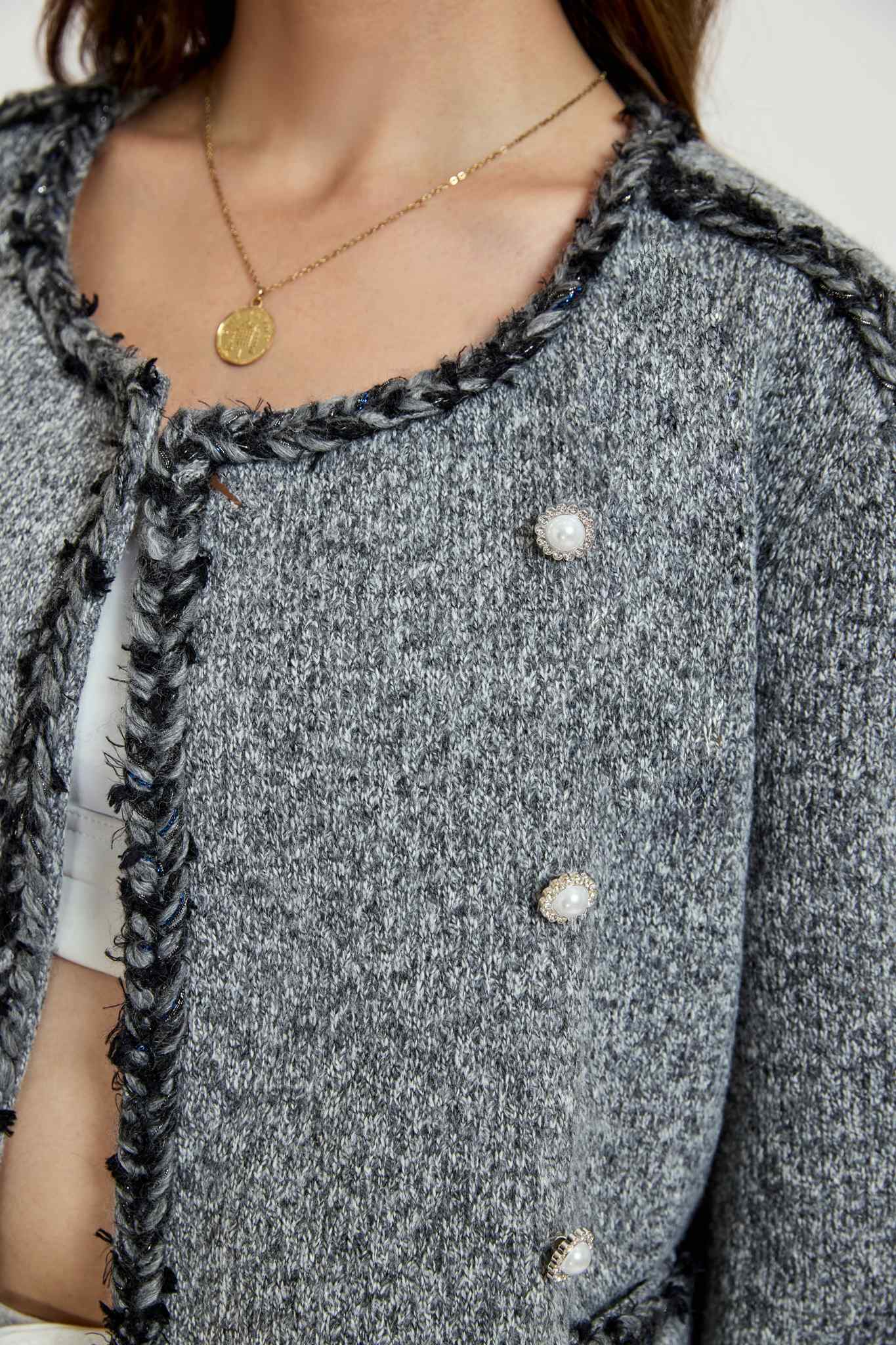 Ezabutus Grey Tweed Jacket With Fringe Trim and Pearl Buttons