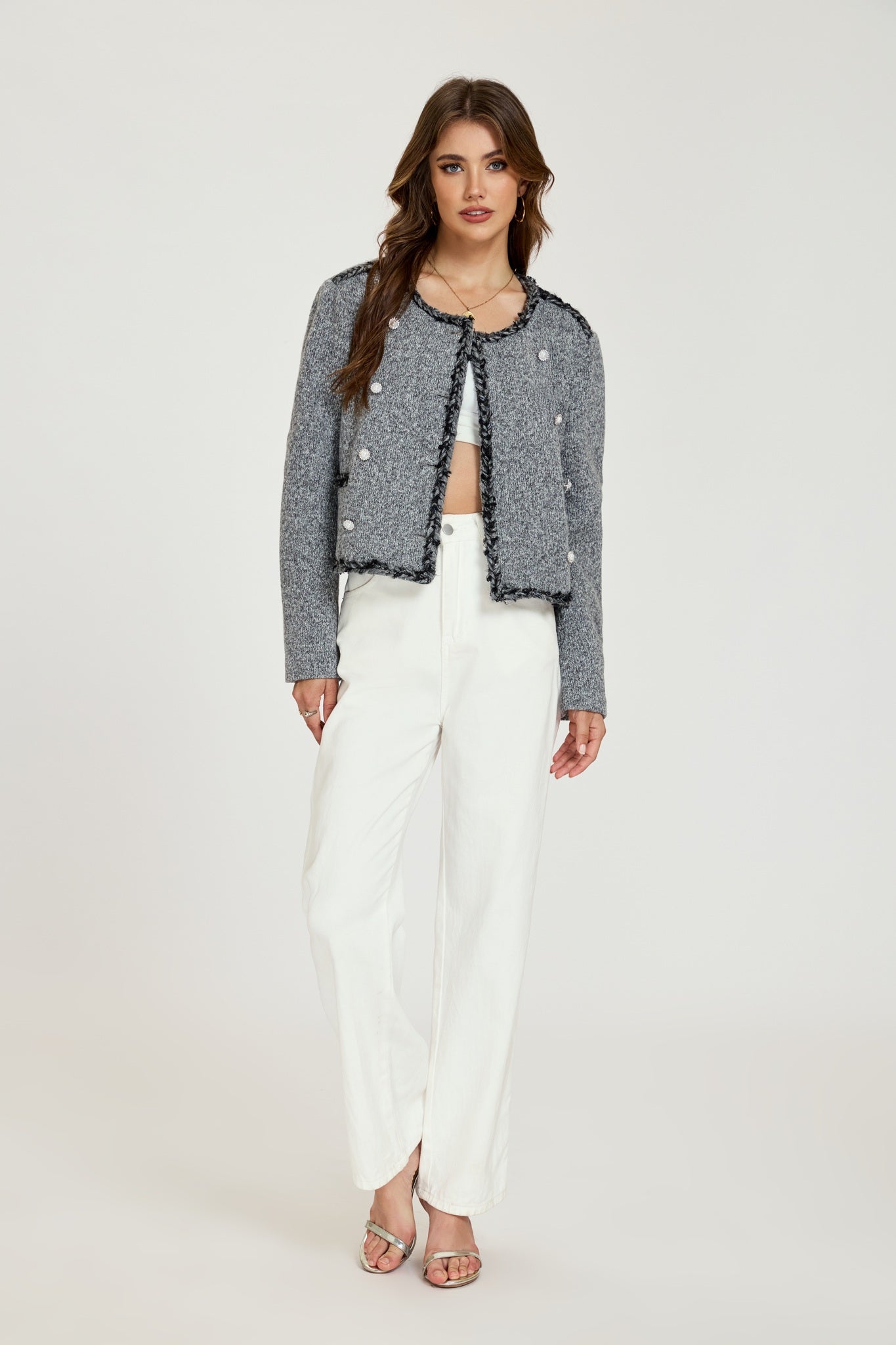 Ezabutus Grey Tweed Jacket With Fringe Trim and Pearl Buttons