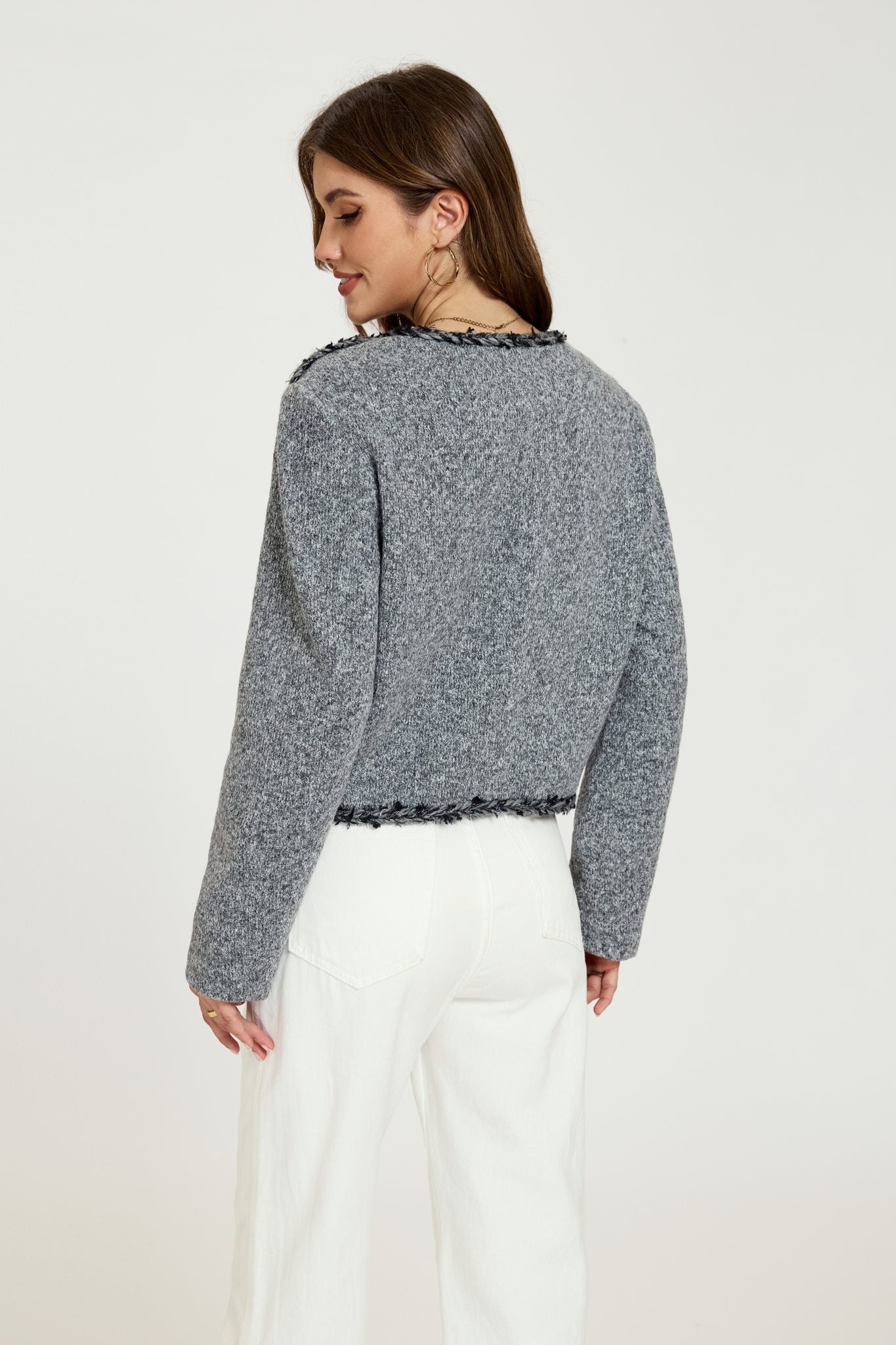 Ezabutus Grey Tweed Jacket With Fringe Trim and Pearl Buttons