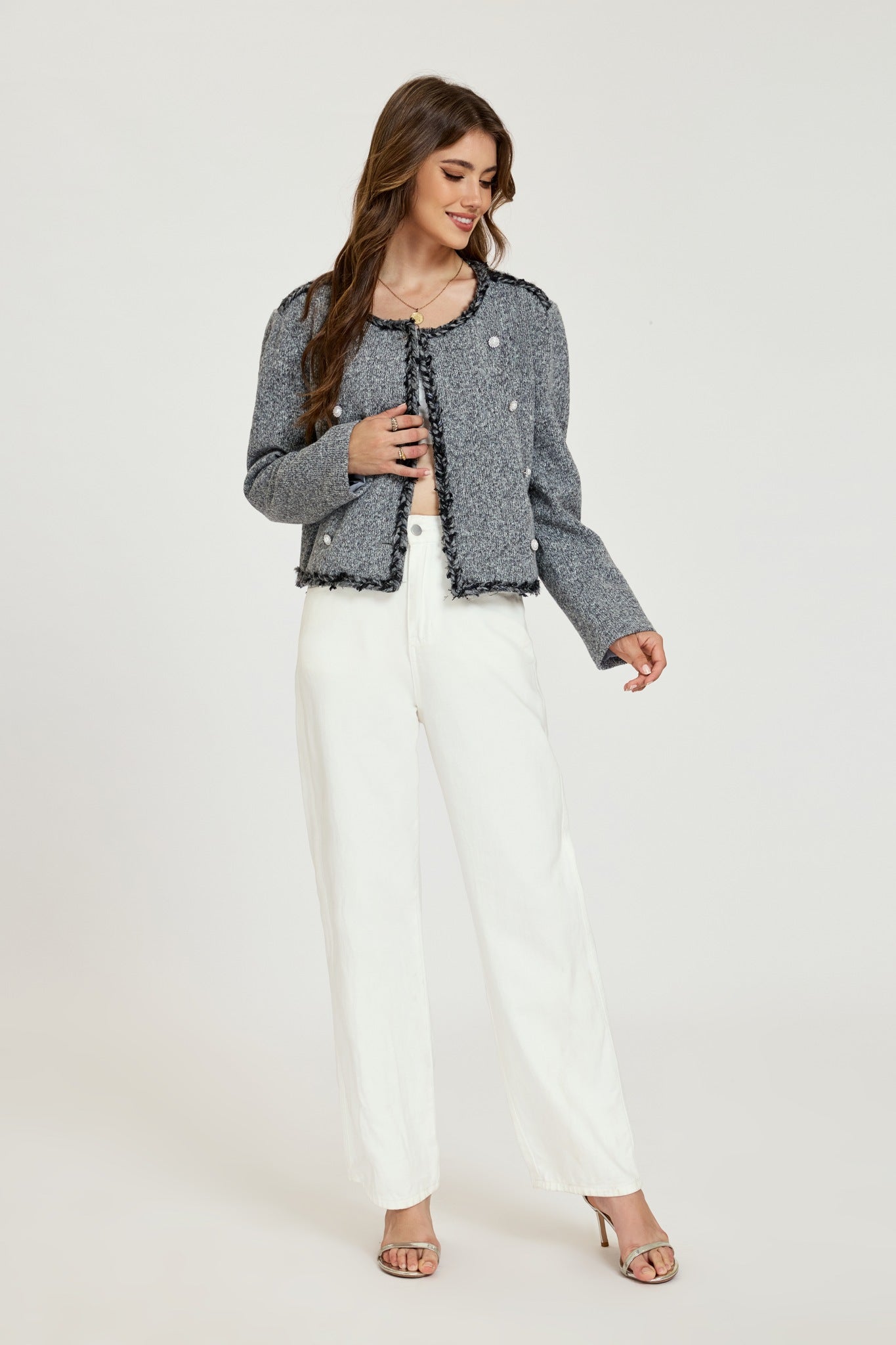 Ezabutus Grey Tweed Jacket With Fringe Trim and Pearl Buttons