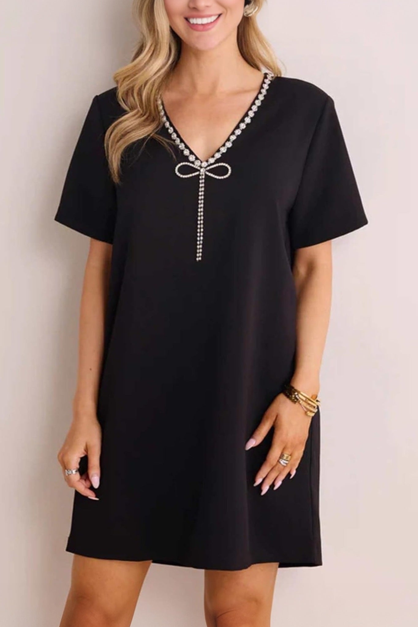 Yexpine V Neck Rhinestone Party Mini Dress With Bow