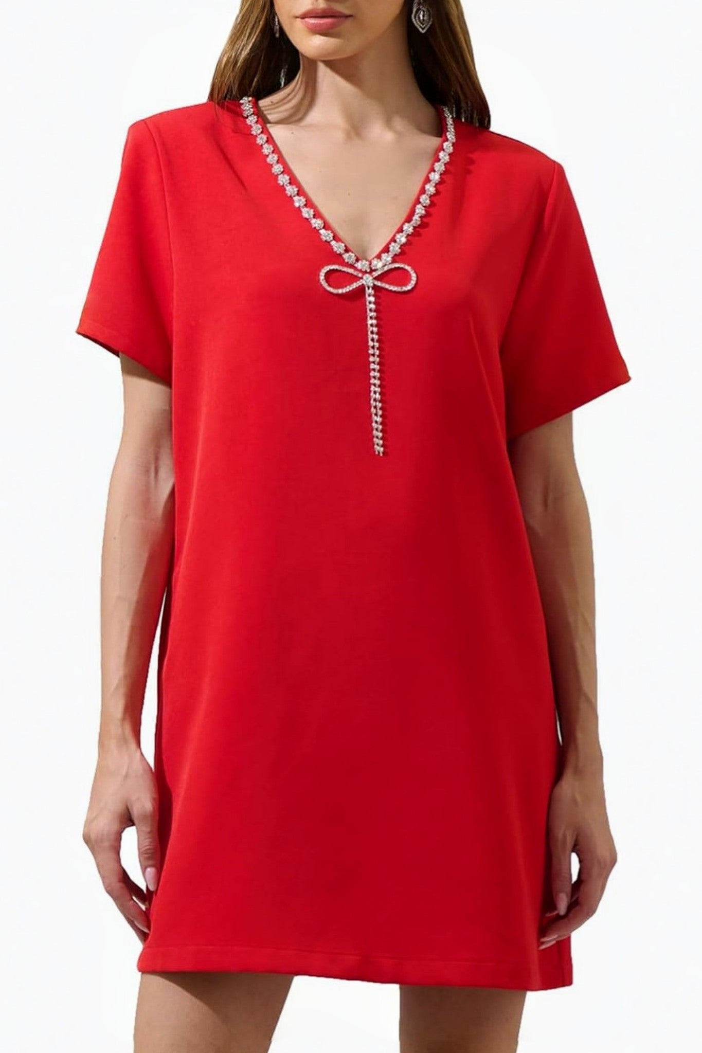 Yexpine V Neck Rhinestone Party Mini Dress With Bow