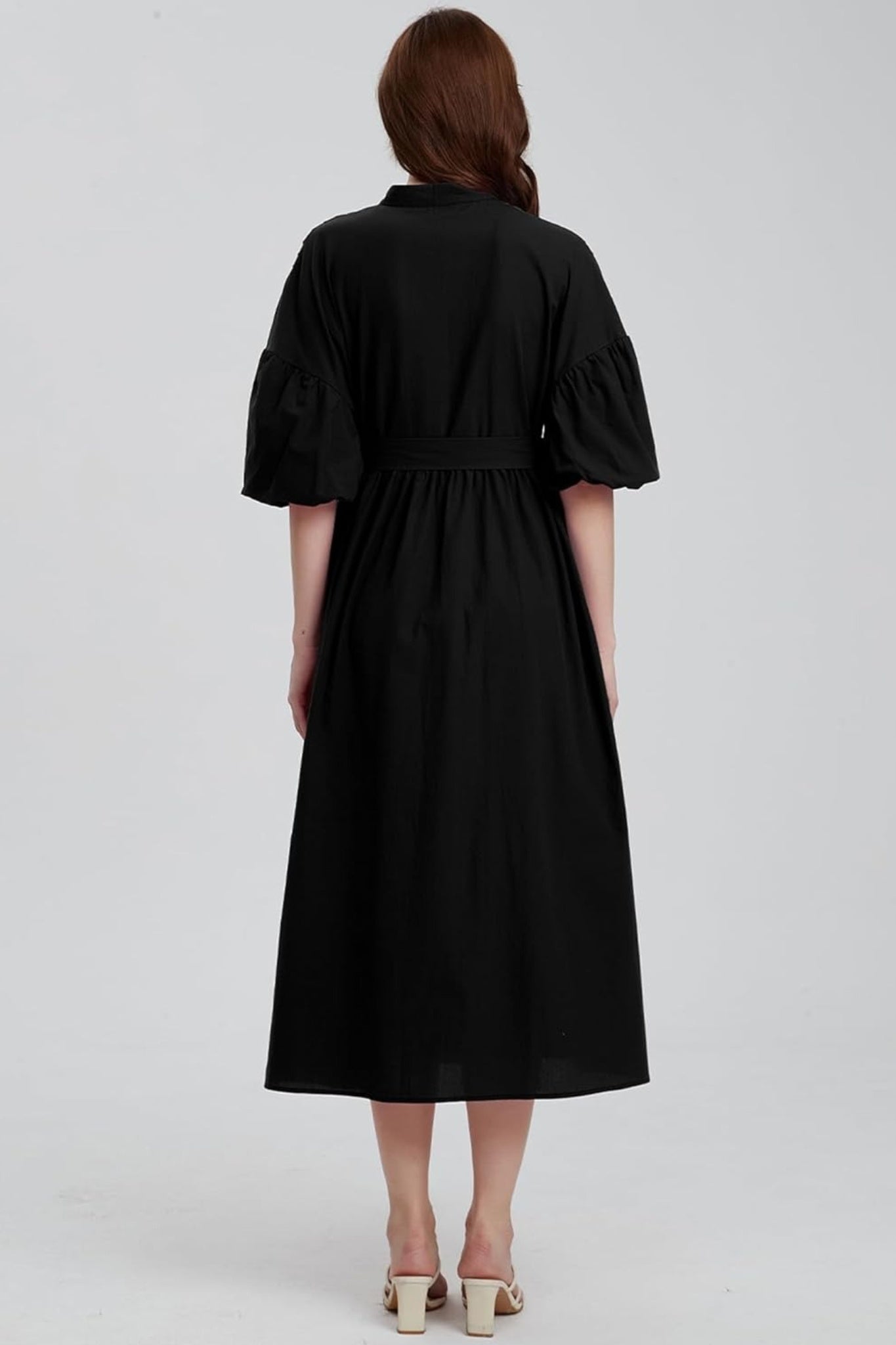 Ladyful Pleated Puff Sleeve Button-Down Midi Shirt Dress With Belt