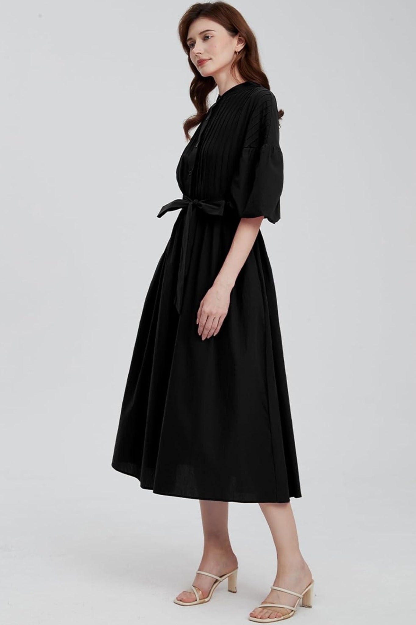 Ladyful Pleated Puff Sleeve Button-Down Midi Shirt Dress With Belt