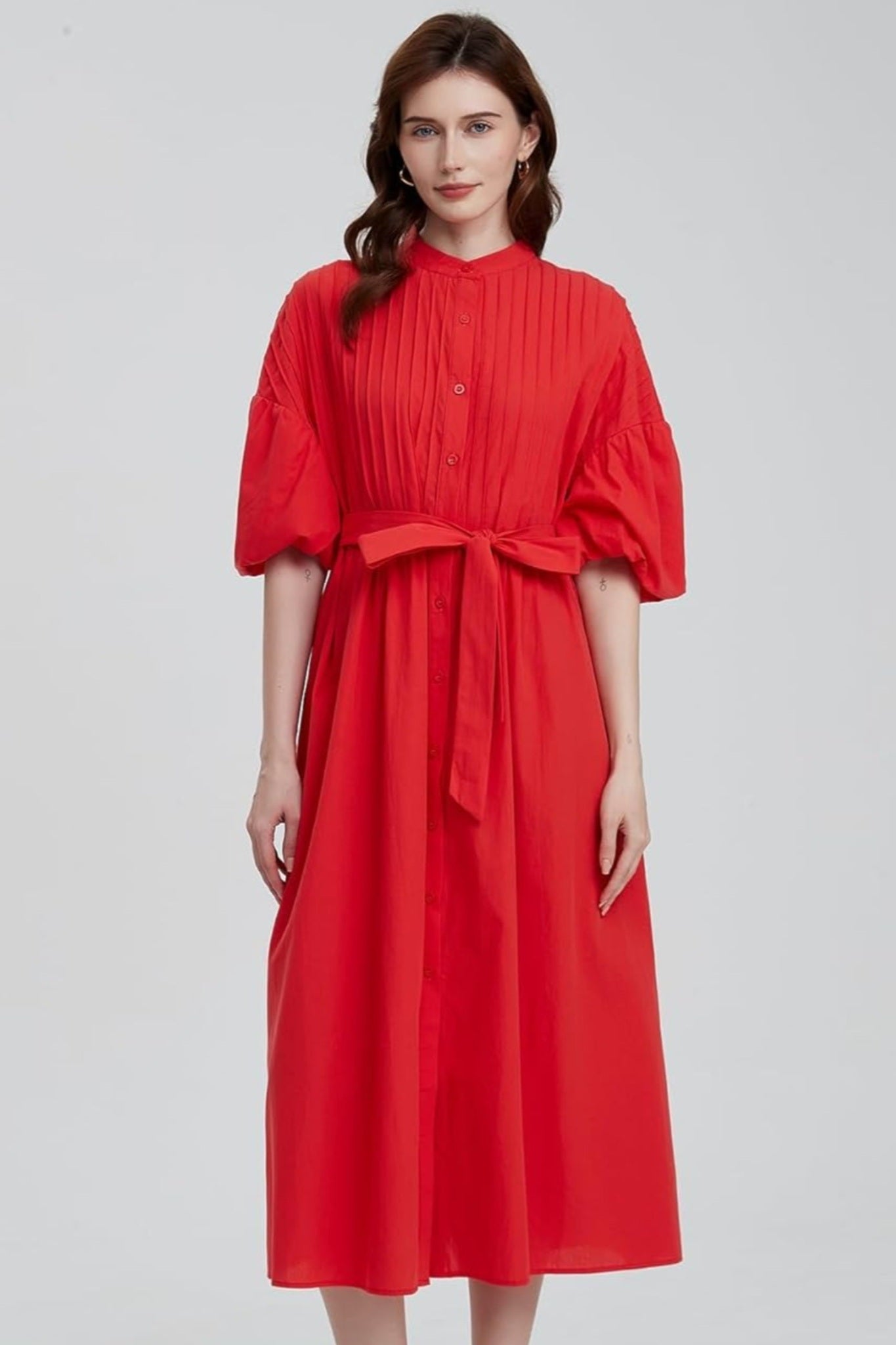 Ladyful Pleated Puff Sleeve Button-Down Midi Shirt Dress With Belt