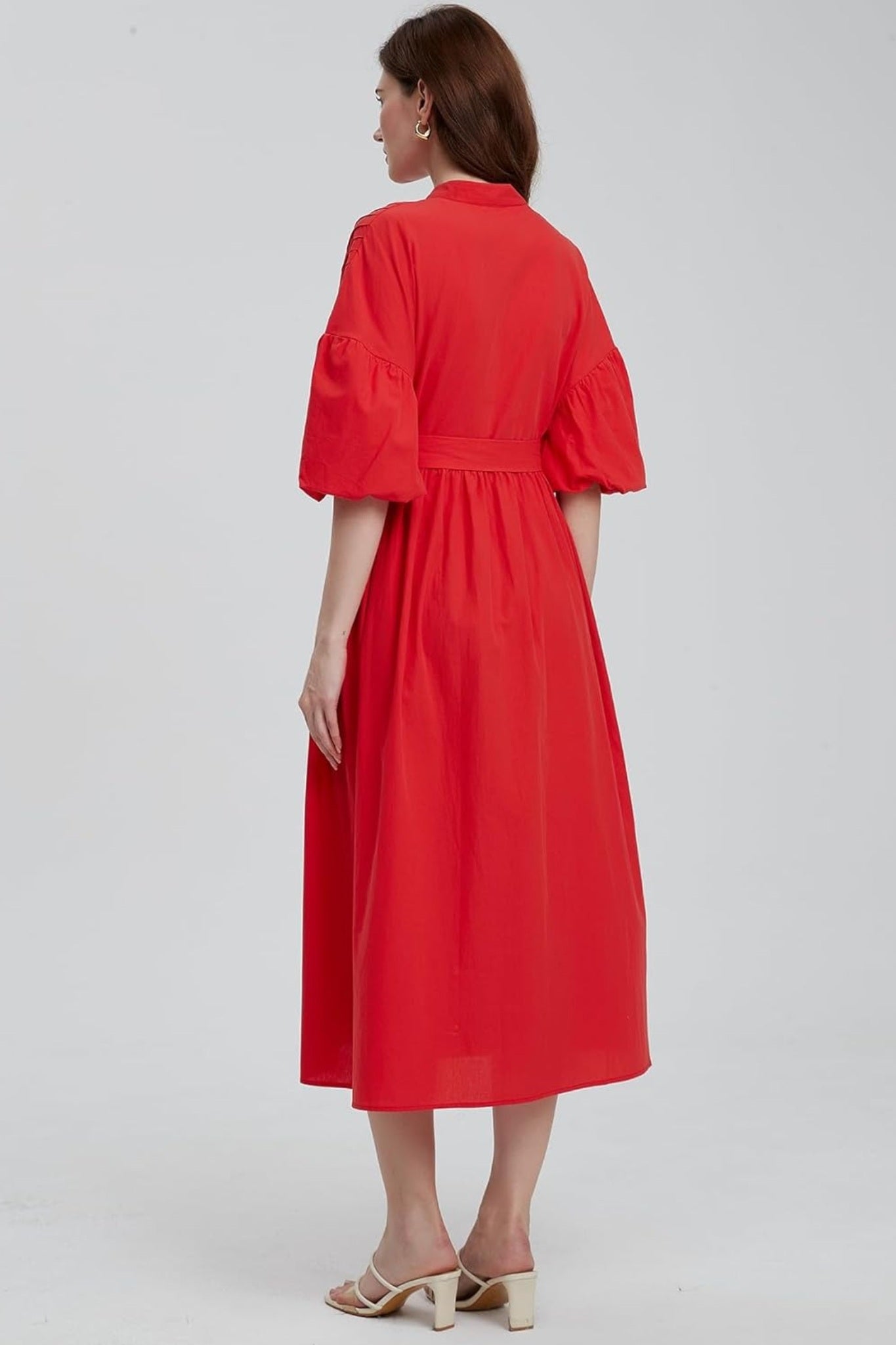Ladyful Pleated Puff Sleeve Button-Down Midi Shirt Dress With Belt