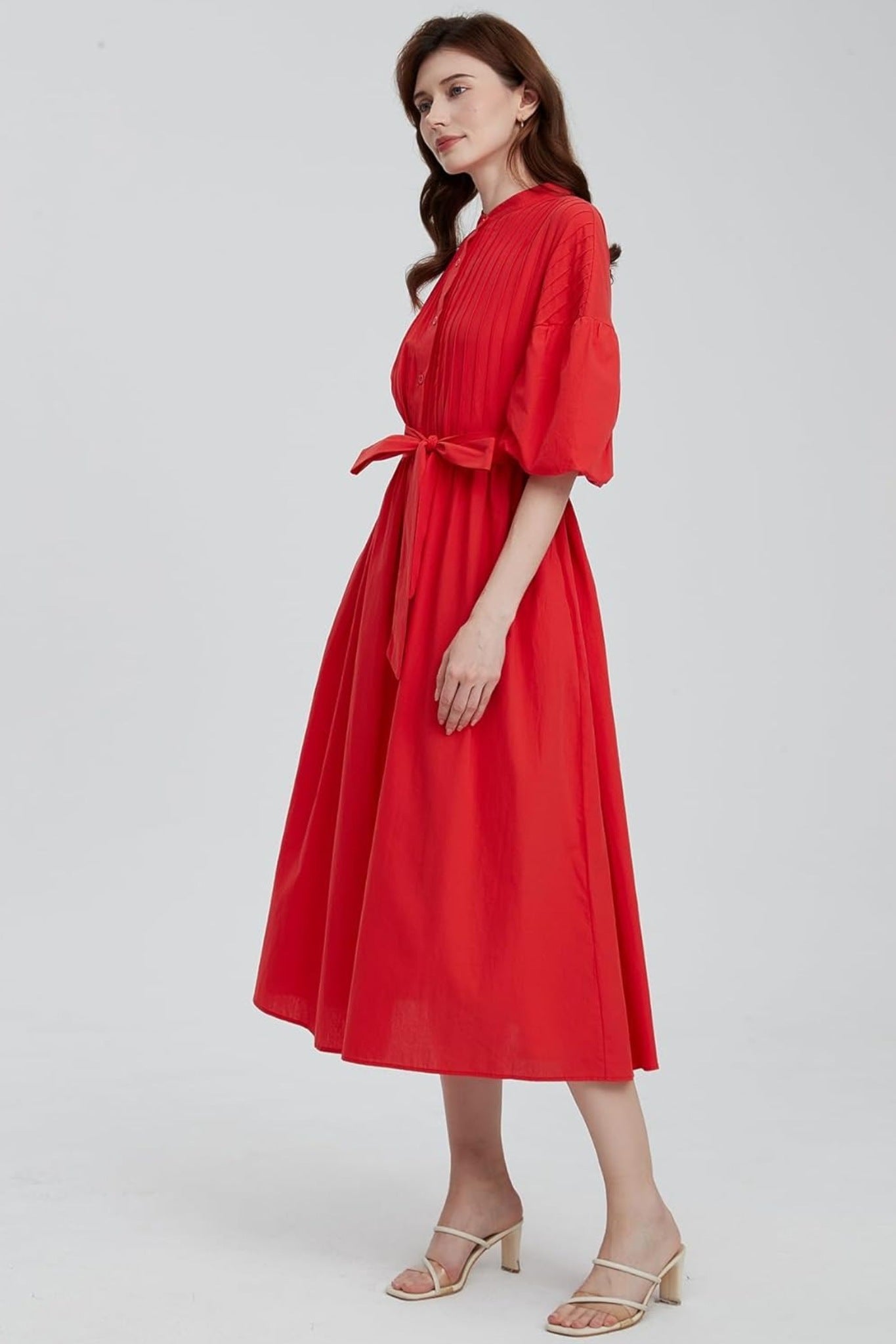 Ladyful Pleated Puff Sleeve Button-Down Midi Shirt Dress With Belt