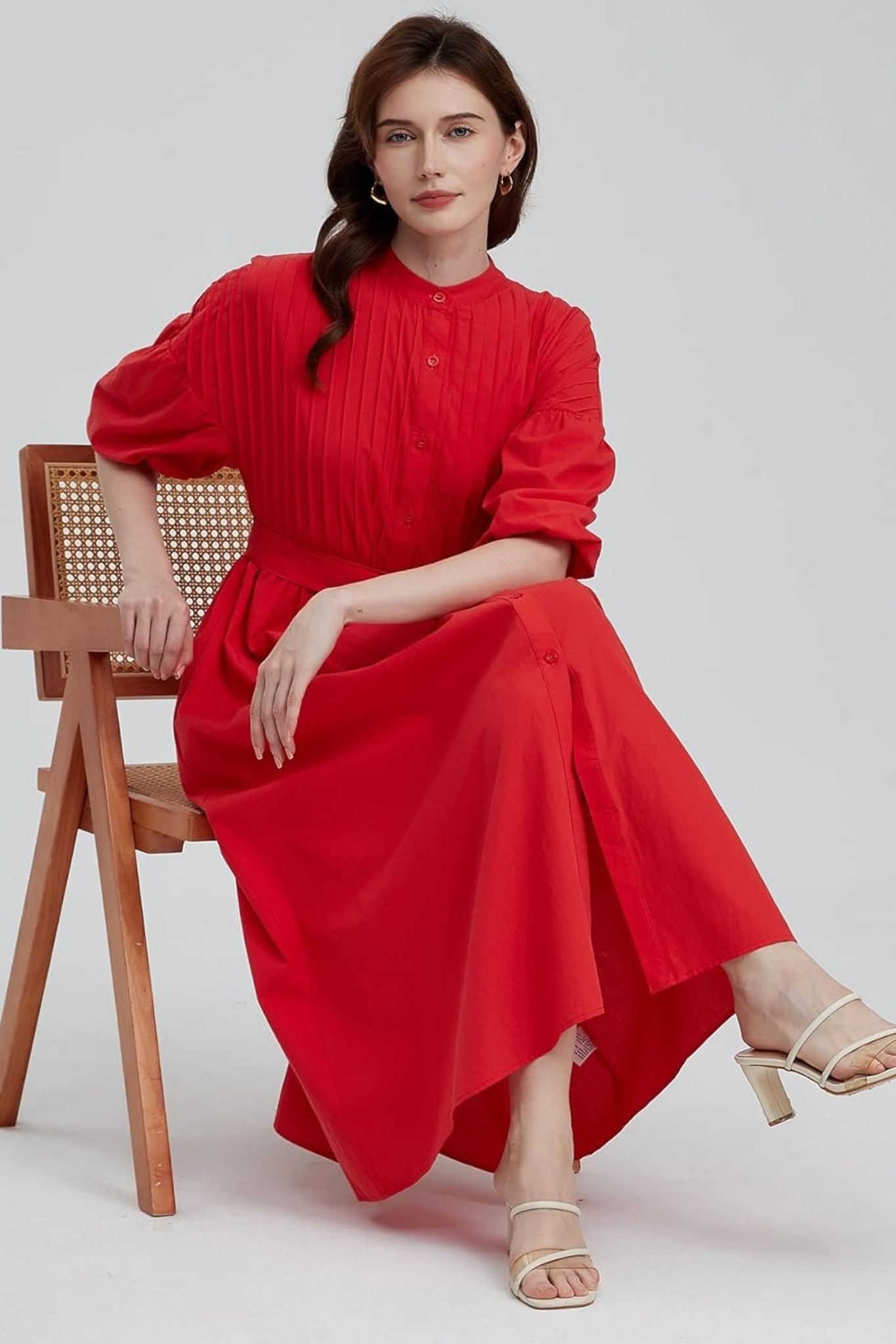 Ladyful Pleated Puff Sleeve Button-Down Midi Shirt Dress With Belt