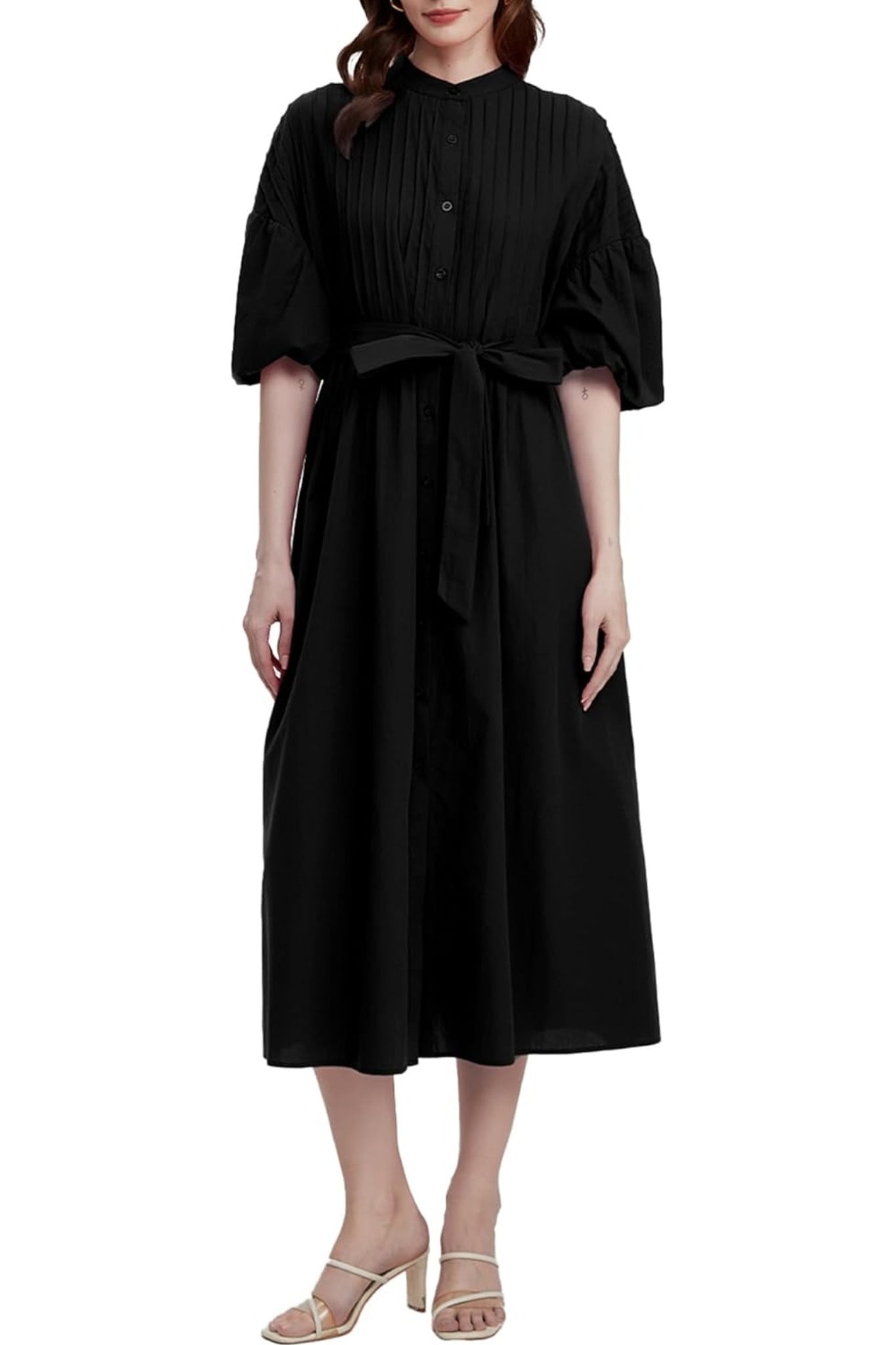 Ladyful Pleated Puff Sleeve Button-Down Midi Shirt Dress With Belt