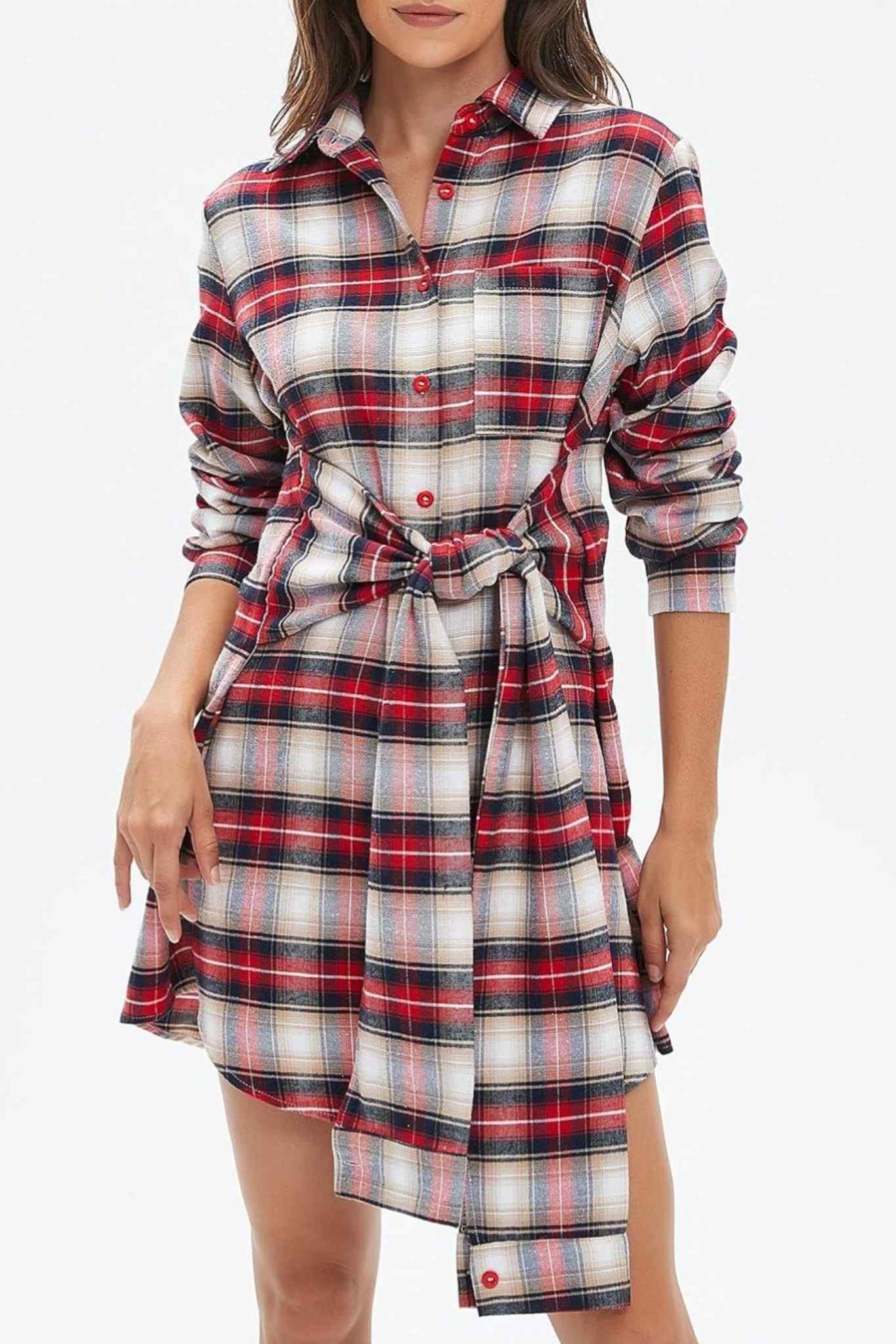 Lifeshe Tie Plaid Shirt Dress